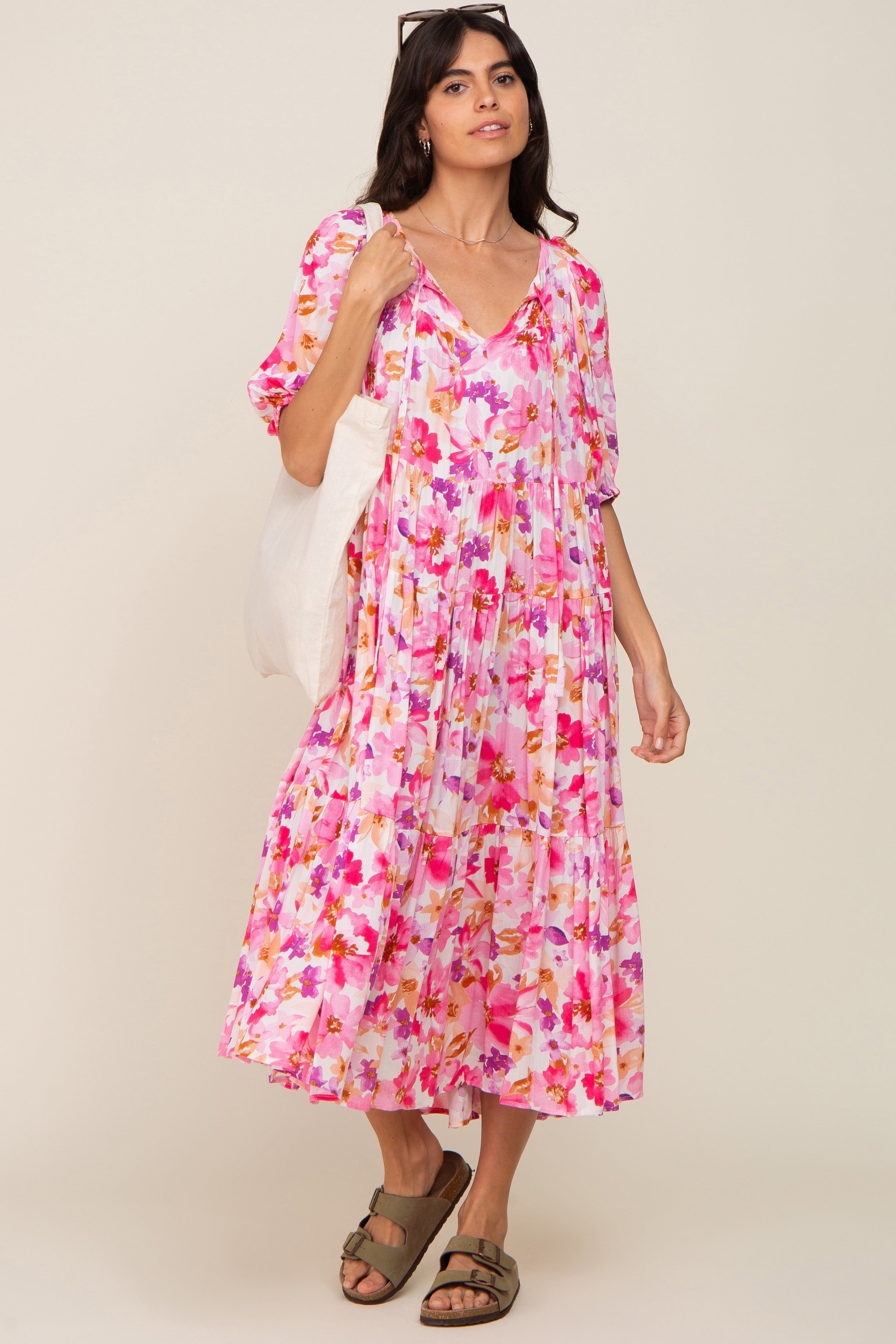 Fuchsia Floral Tiered Short Sleeve Midi Dress sold by Pinkblush