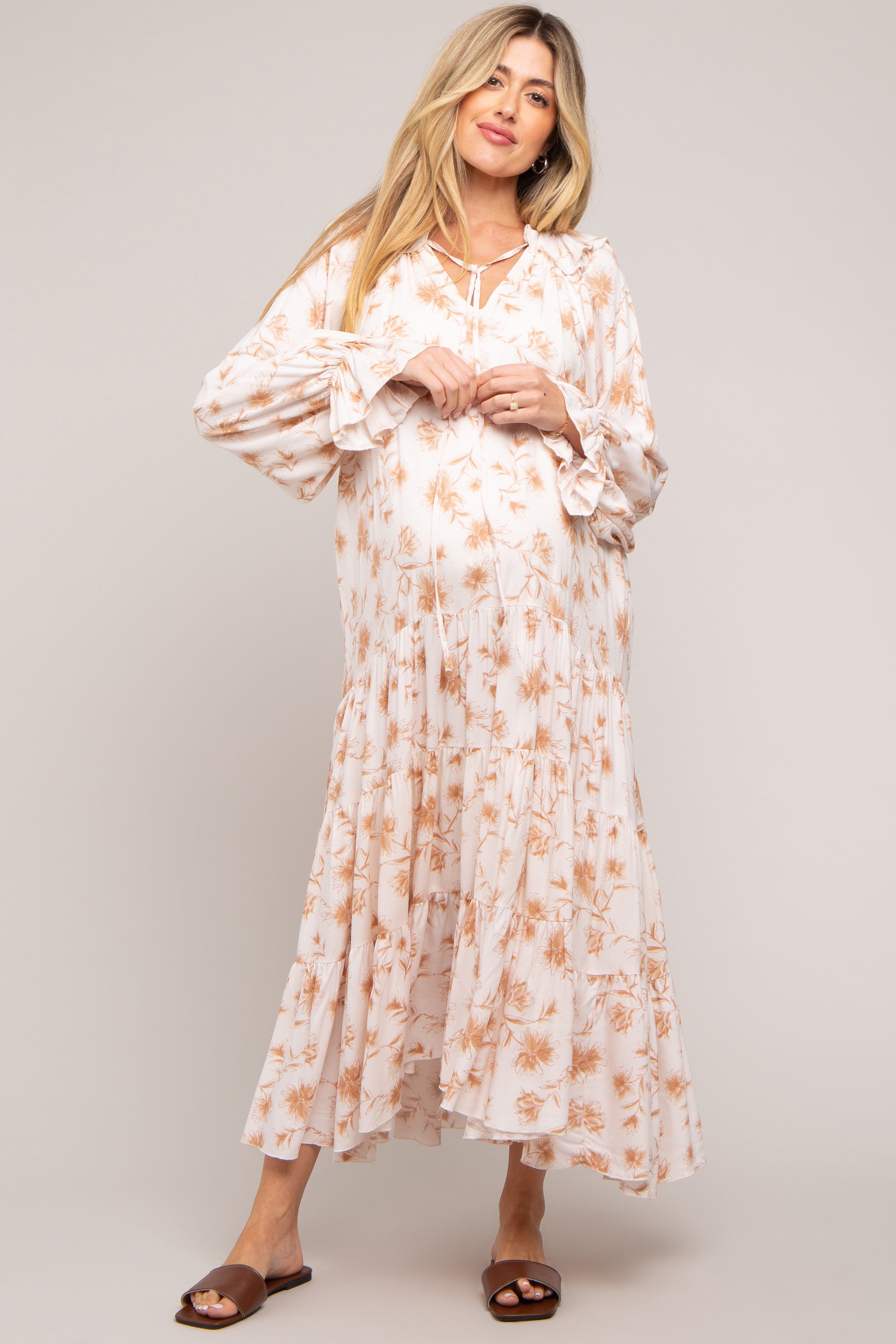 Taupe Floral Ruffle Long Sleeve Tiered Maternity Maxi Dress sold by Pinkblush
