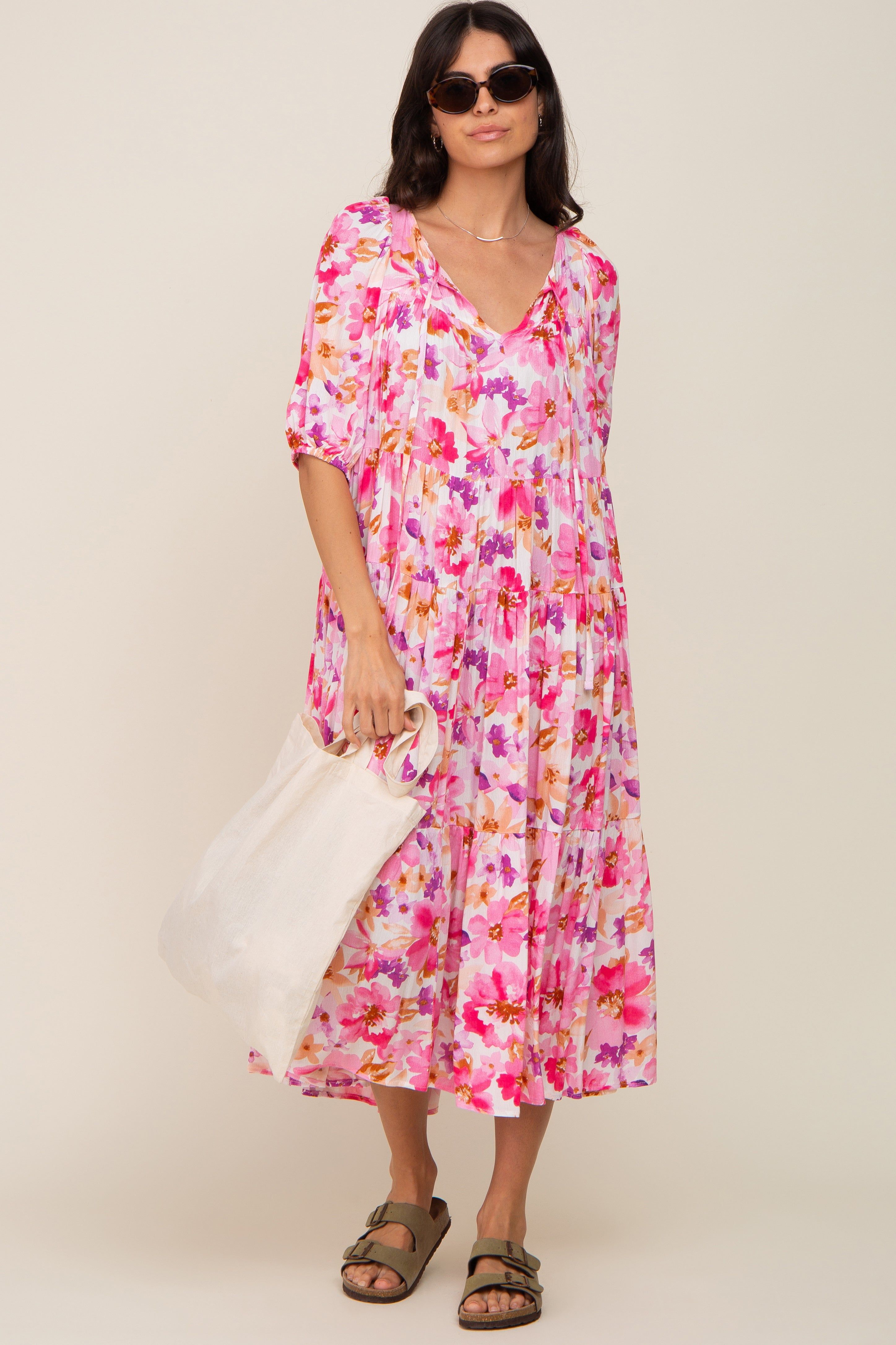 Fuchsia Floral Tiered Short Sleeve Midi Dress sold by Pinkblush product image thumbnail 5