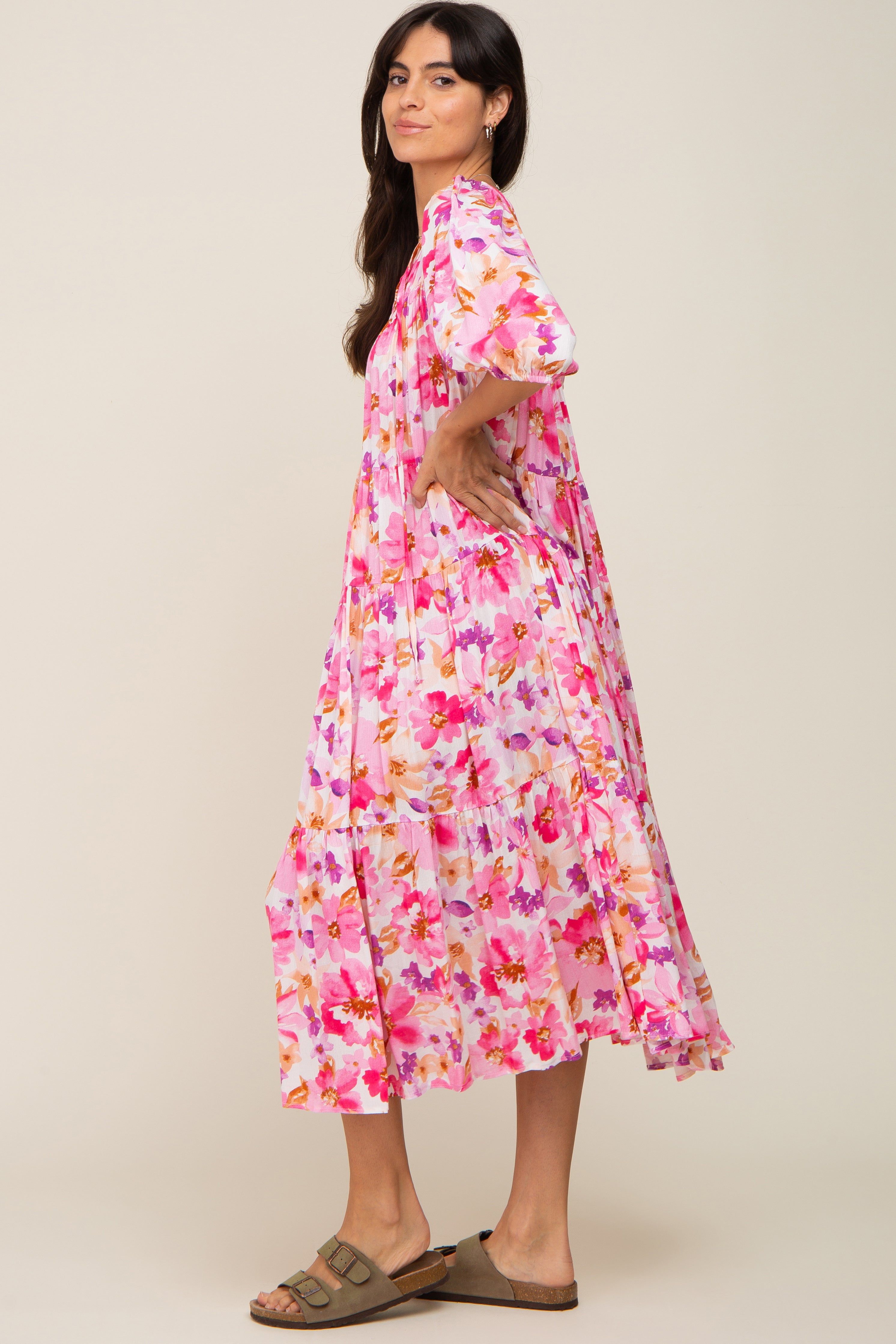 Fuchsia Floral Tiered Short Sleeve Midi Dress sold by Pinkblush product image thumbnail 2