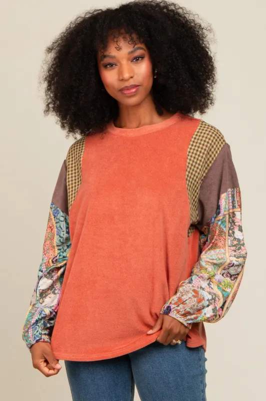 Rust Mixed Print Bubble Sleeve Top sold by Pinkblush