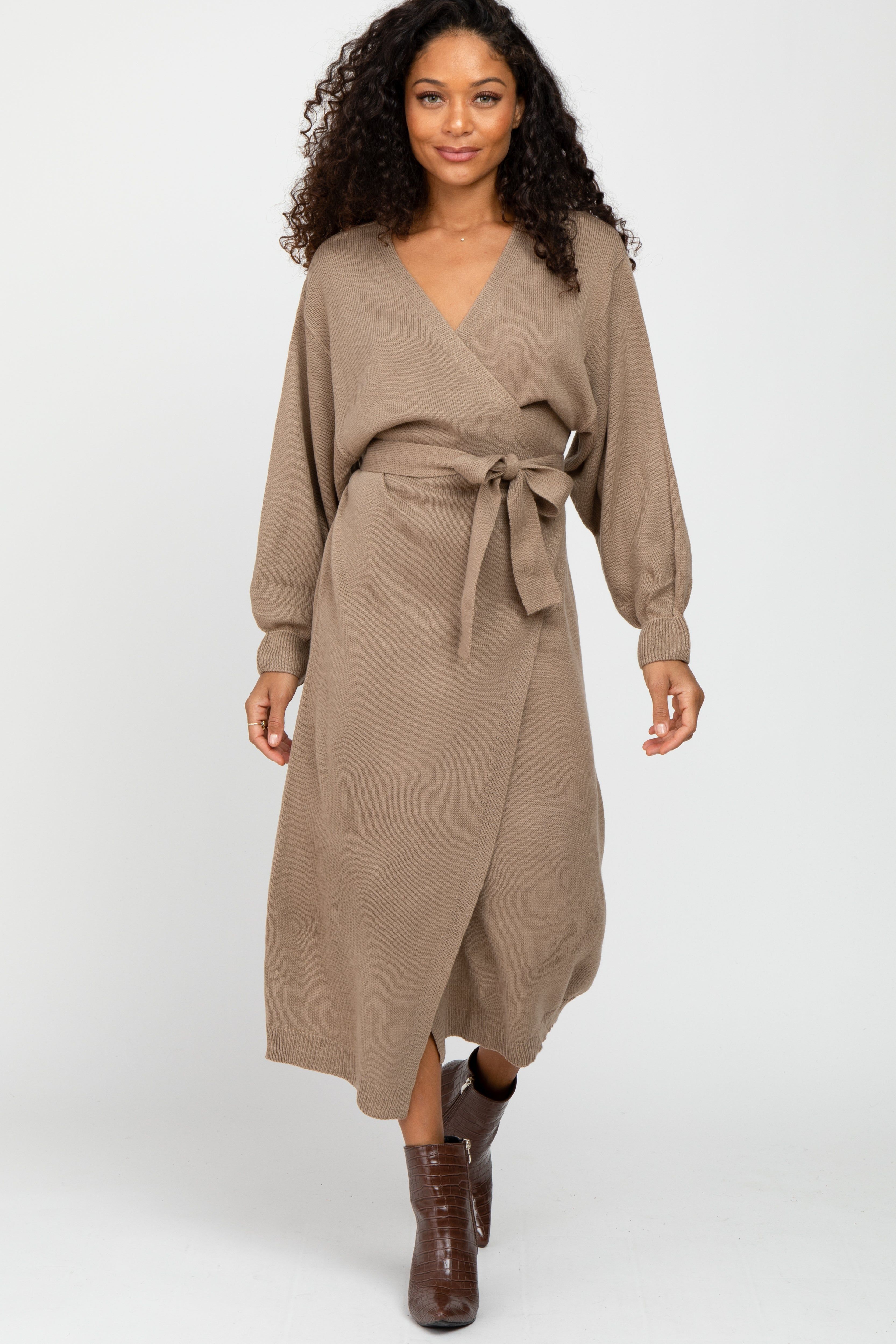 Mocha Wrap Sweater Knit Midi Dress sold by Pinkblush