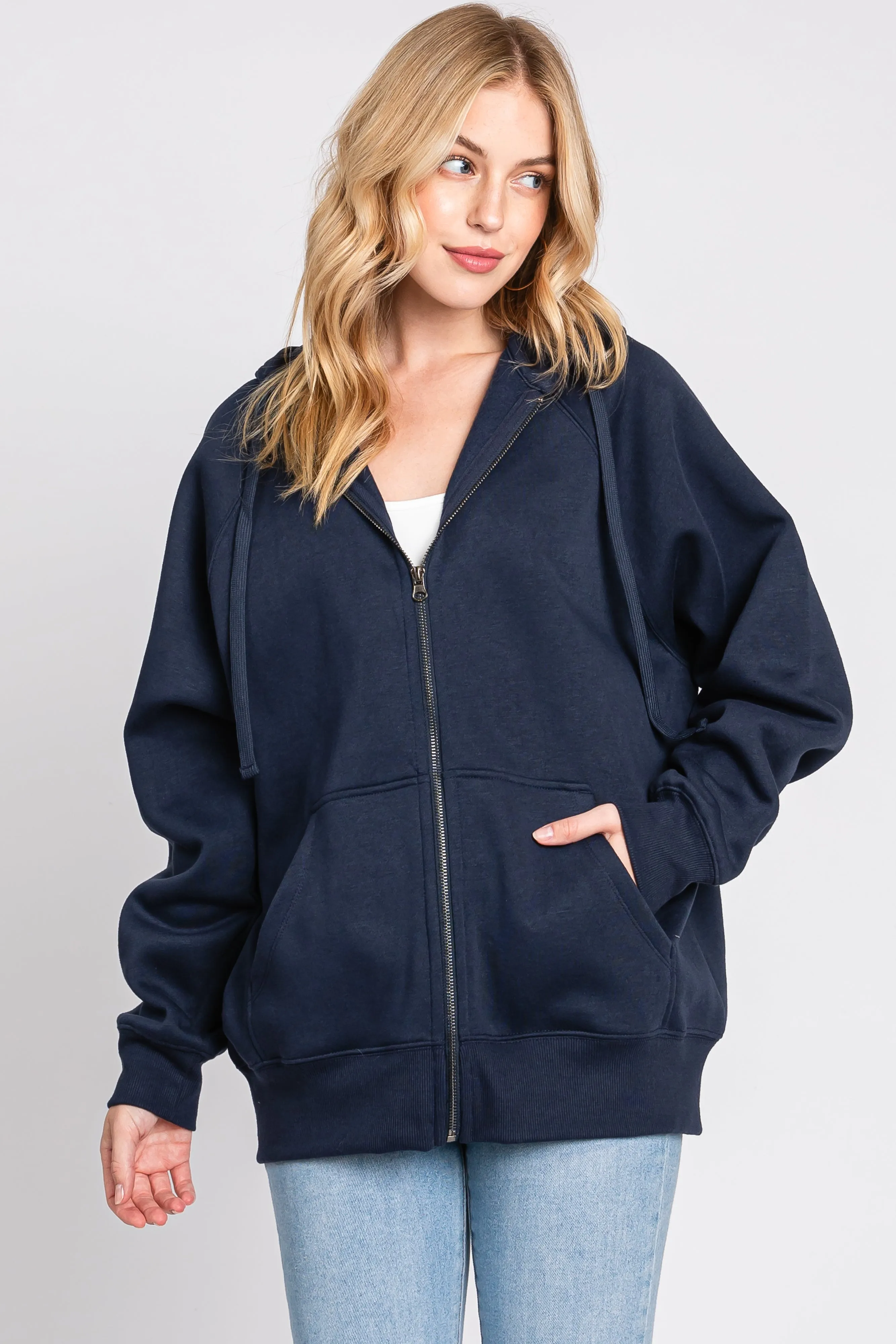 Navy Front Zipper Hooded Sweater sold by Pinkblush
