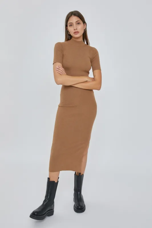 Mocha Knit Fitted Mock Neck Midi Dress sold by Pinkblush