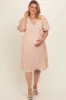 Peach Floral Puff Sleeve Plus Maternity Midi Dress sold by Pinkblush