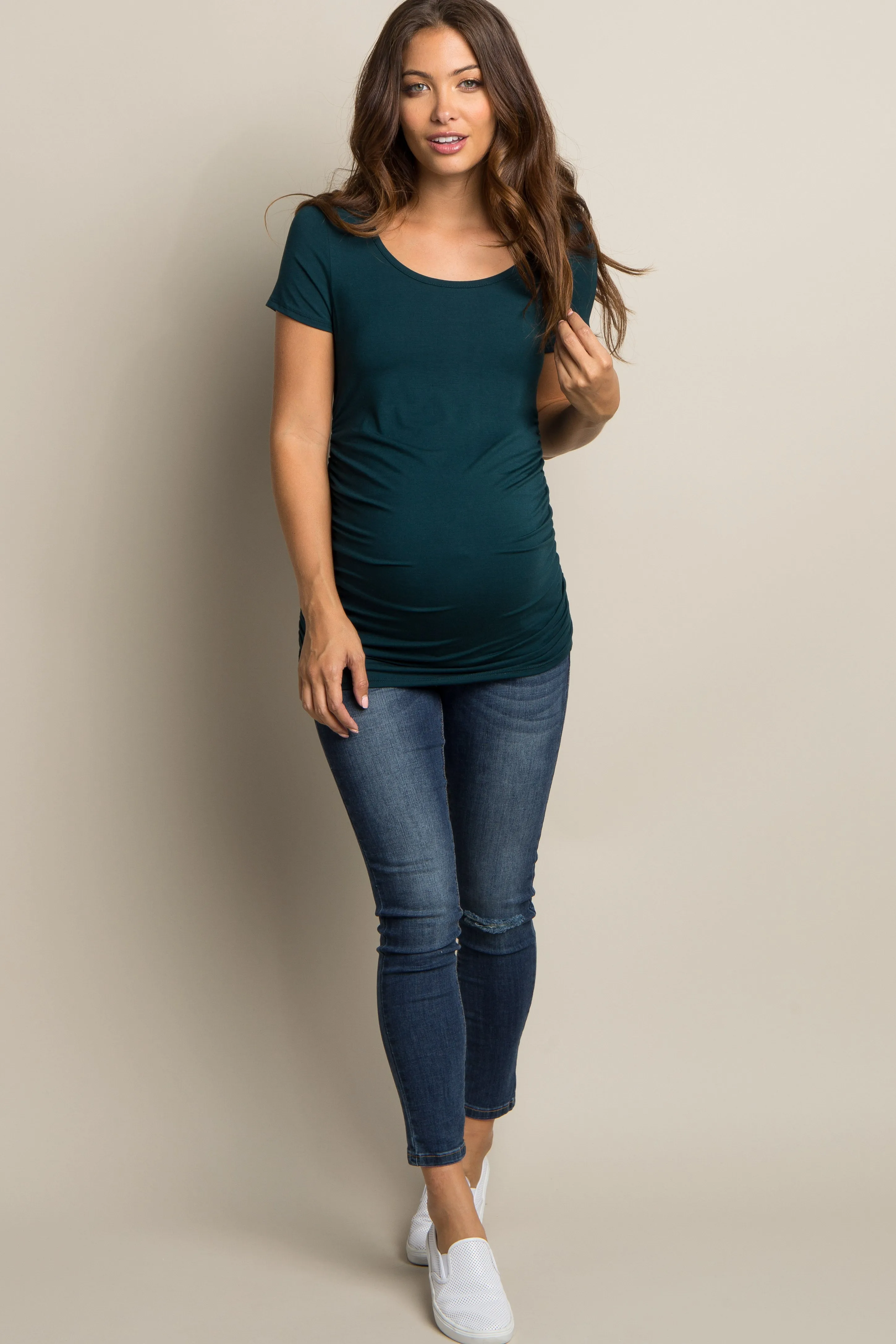 PinkBlush Forest Green Ruched Short Sleeve Maternity Top sold by Pinkblush product image thumbnail 4