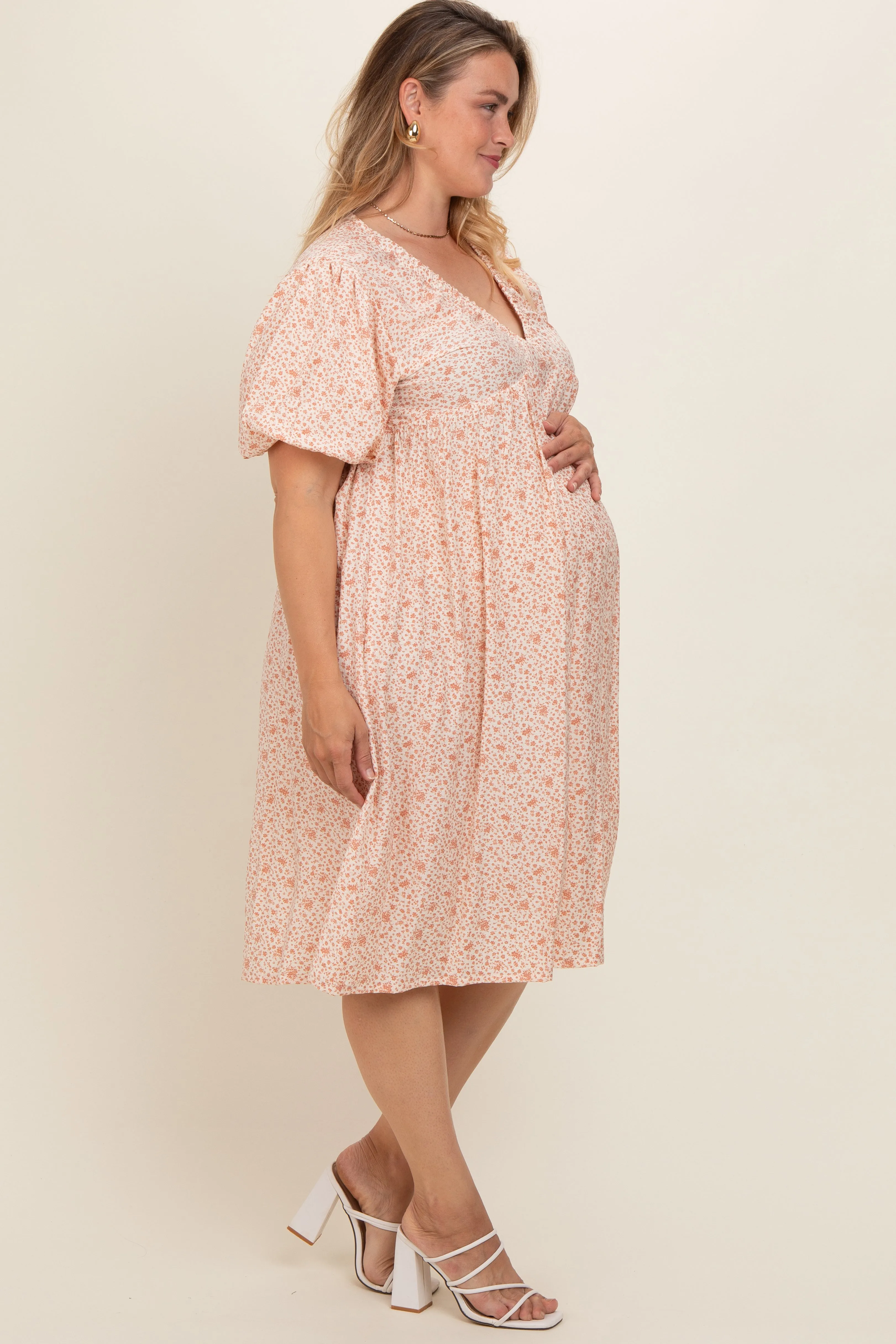 Peach Floral Puff Sleeve Plus Maternity Midi Dress sold by Pinkblush product image thumbnail 4