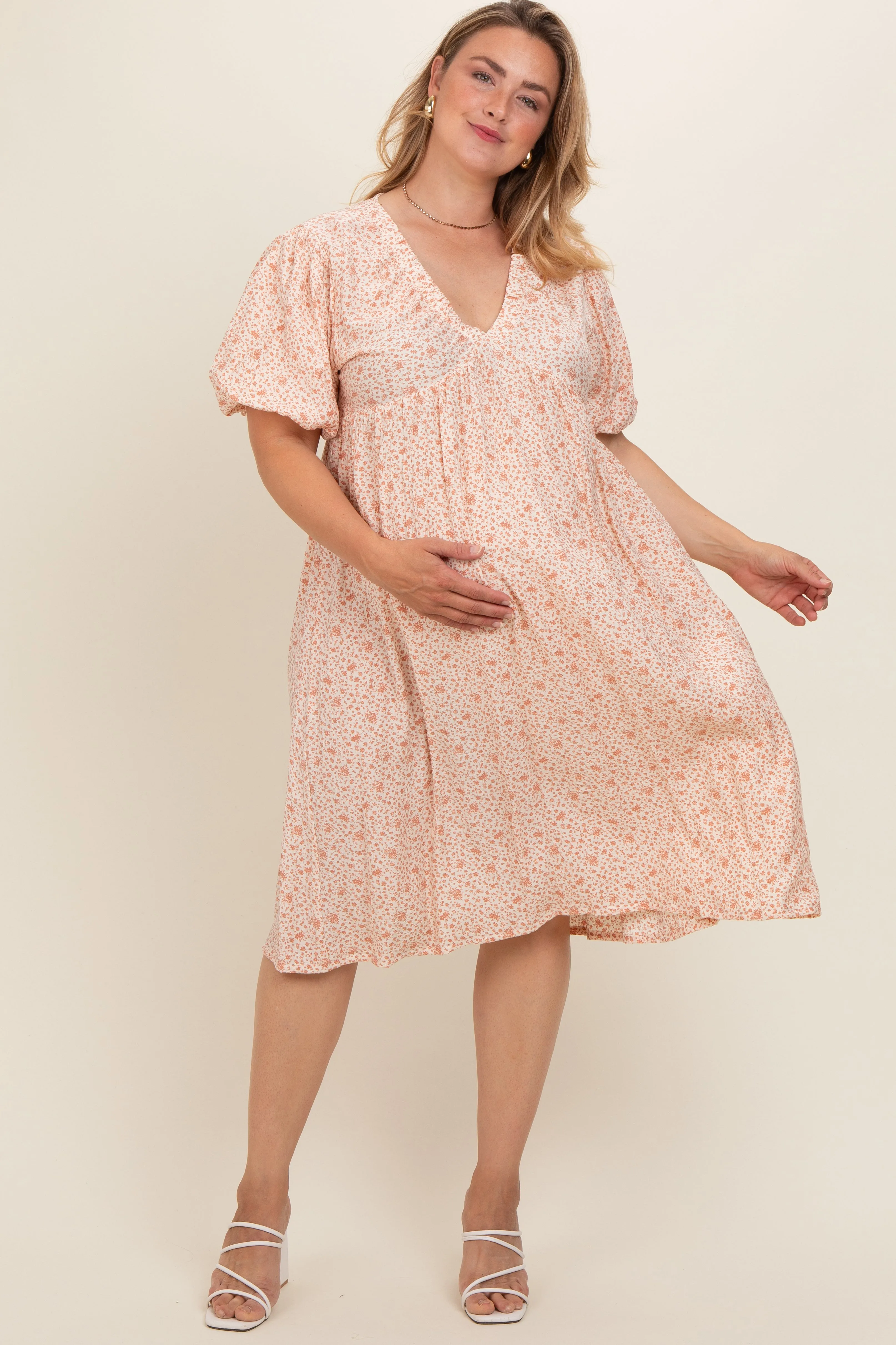 Peach Floral Puff Sleeve Plus Maternity Midi Dress sold by Pinkblush