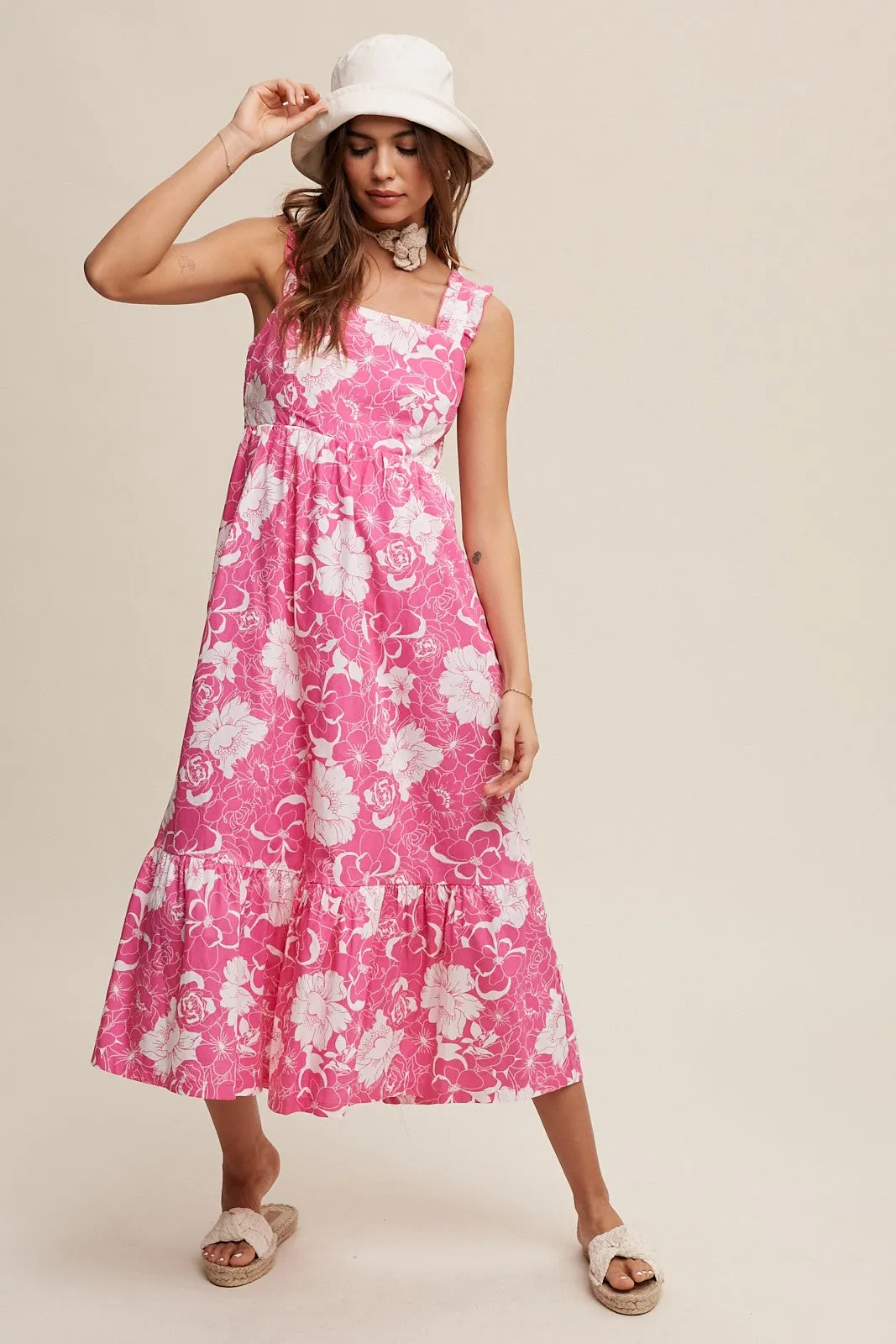 Fuchsia Floral Tiered Sleeveless Midi Dress sold by Pinkblush