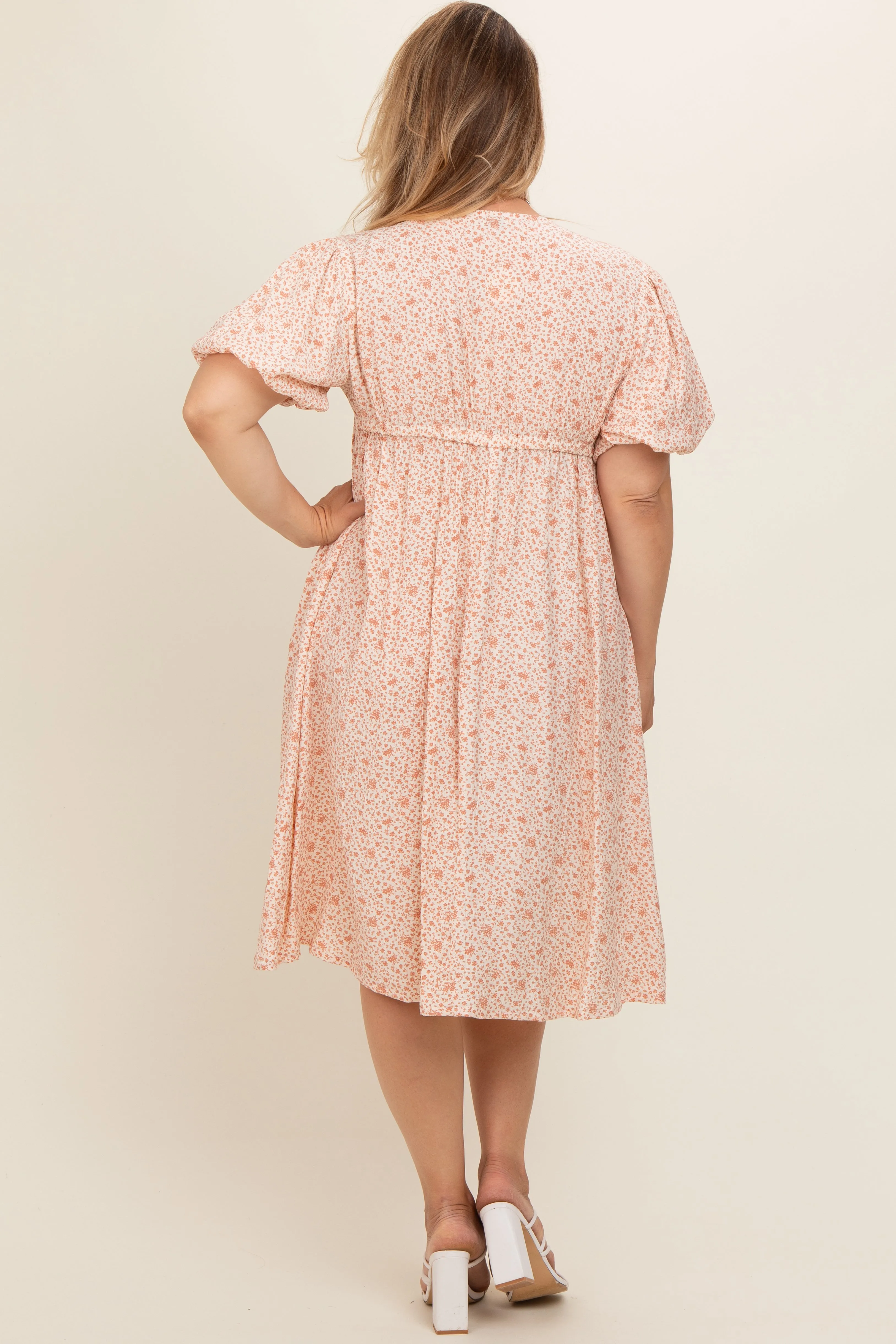 Peach Floral Puff Sleeve Plus Maternity Midi Dress sold by Pinkblush product image thumbnail 5