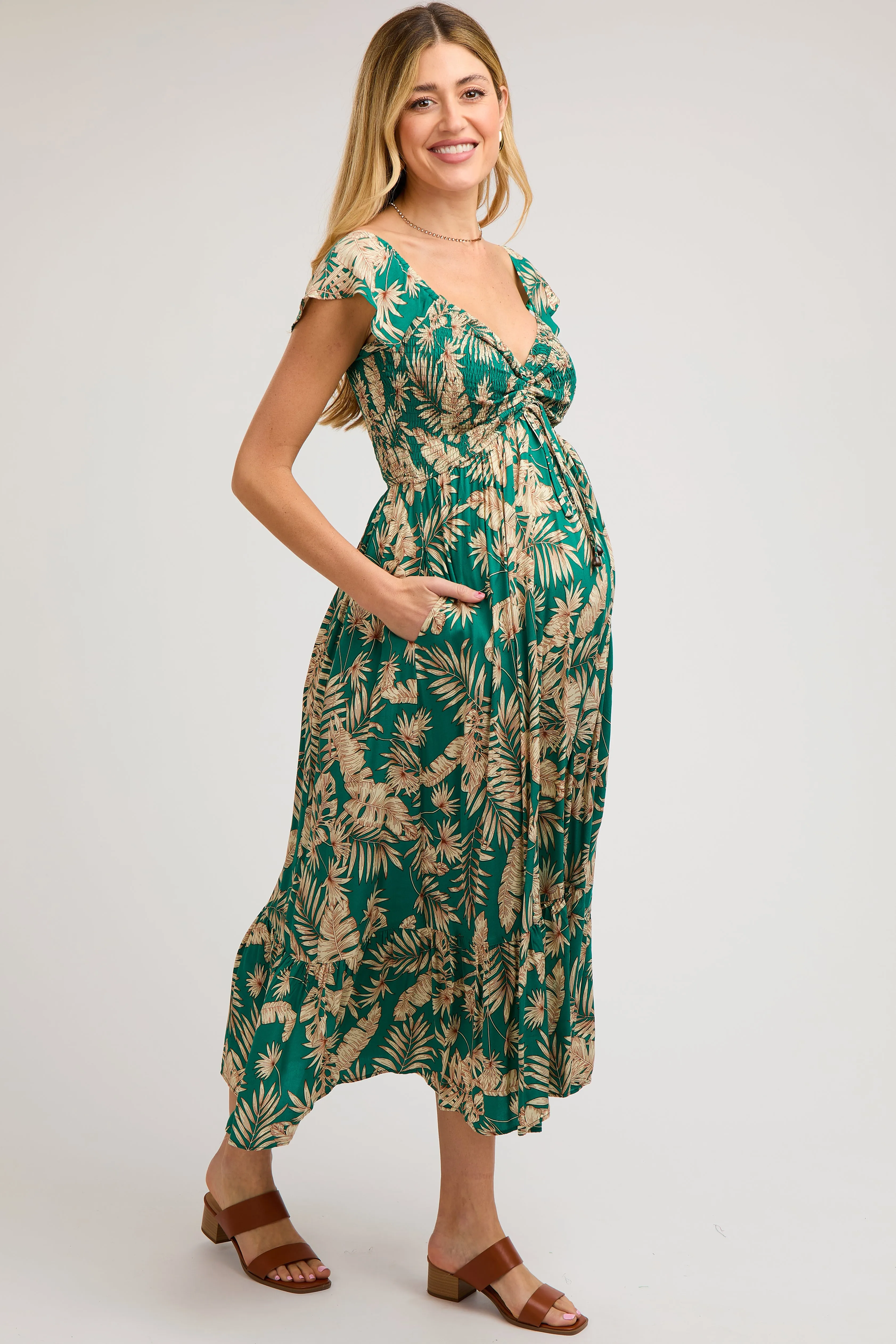 Jade Tropical Print Smocked Short Sleeve Maternity Maxi Dress sold by Pinkblush product image thumbnail 3
