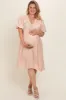 Peach Floral Puff Sleeve Plus Maternity Midi Dress sold by Pinkblush