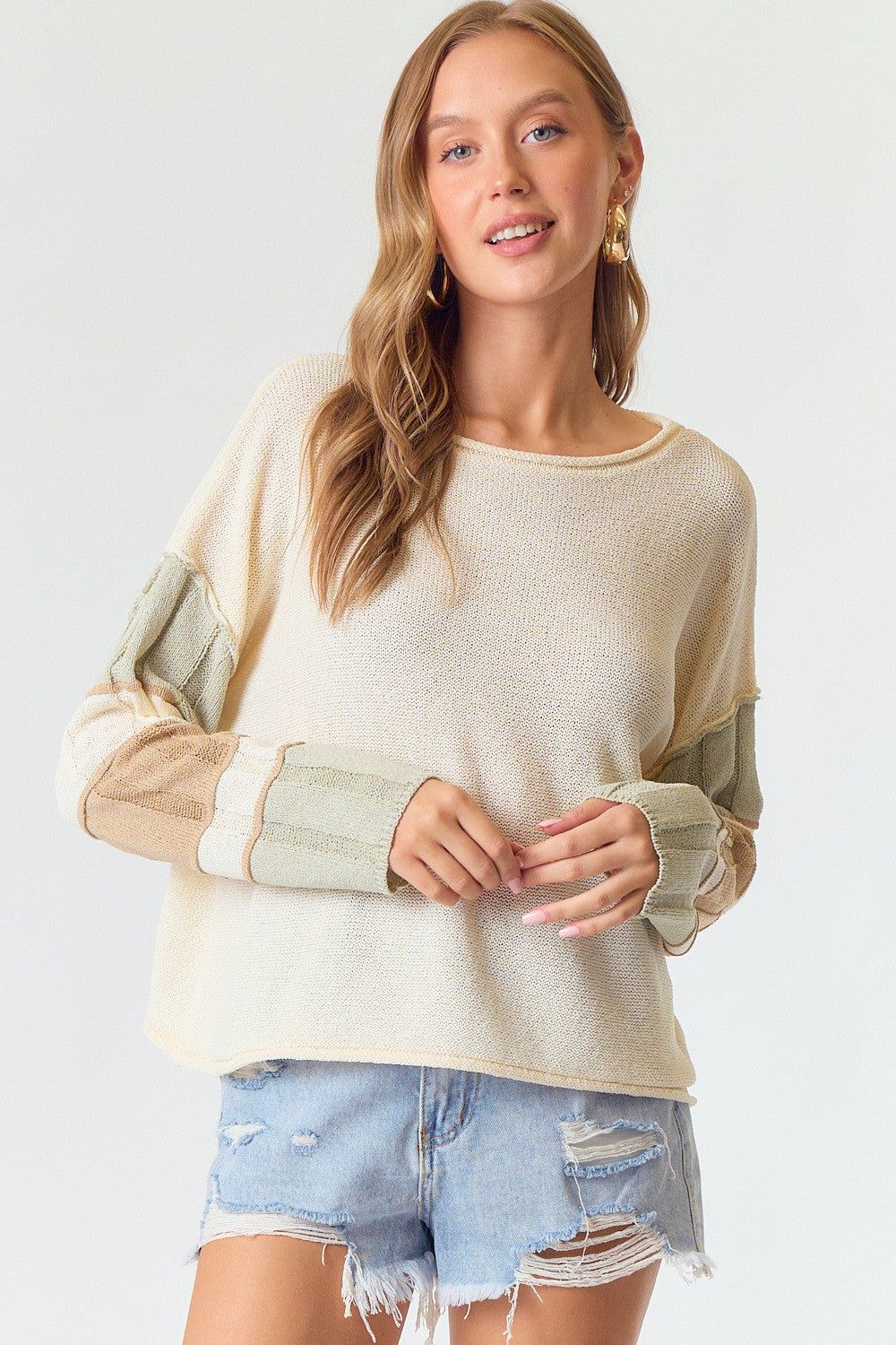 Cream Multi Stripe Sleeve Sweater Top sold by Pinkblush