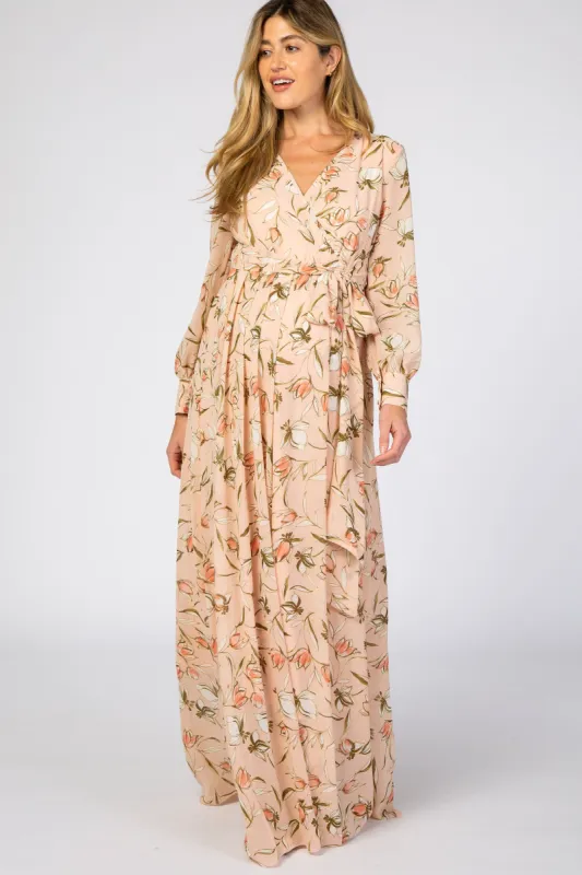 Light Pink Floral Maternity Long Sleeve Maxi Dress sold by Pinkblush