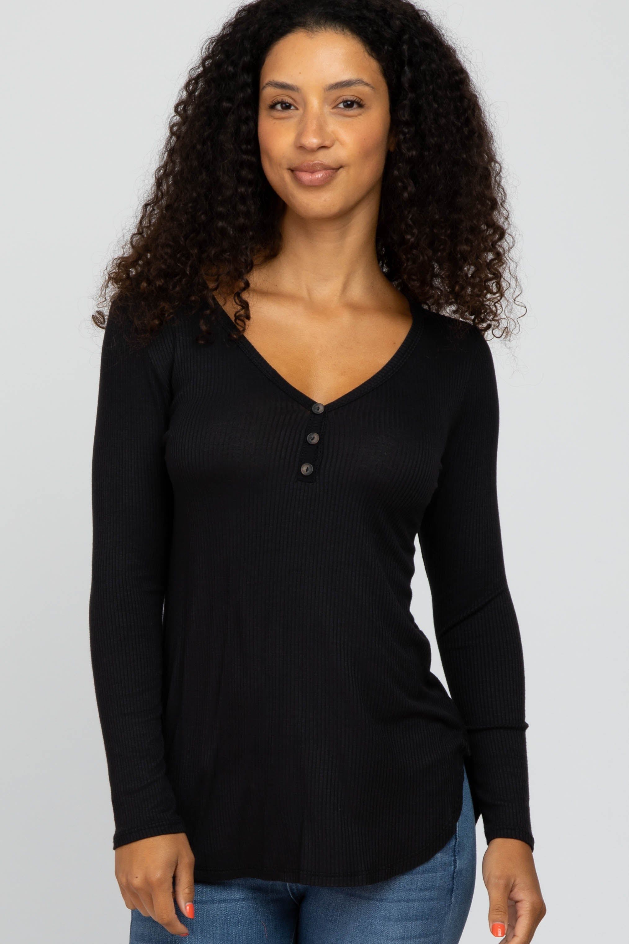 Black Button Accent Long Sleeve Top sold by Pinkblush