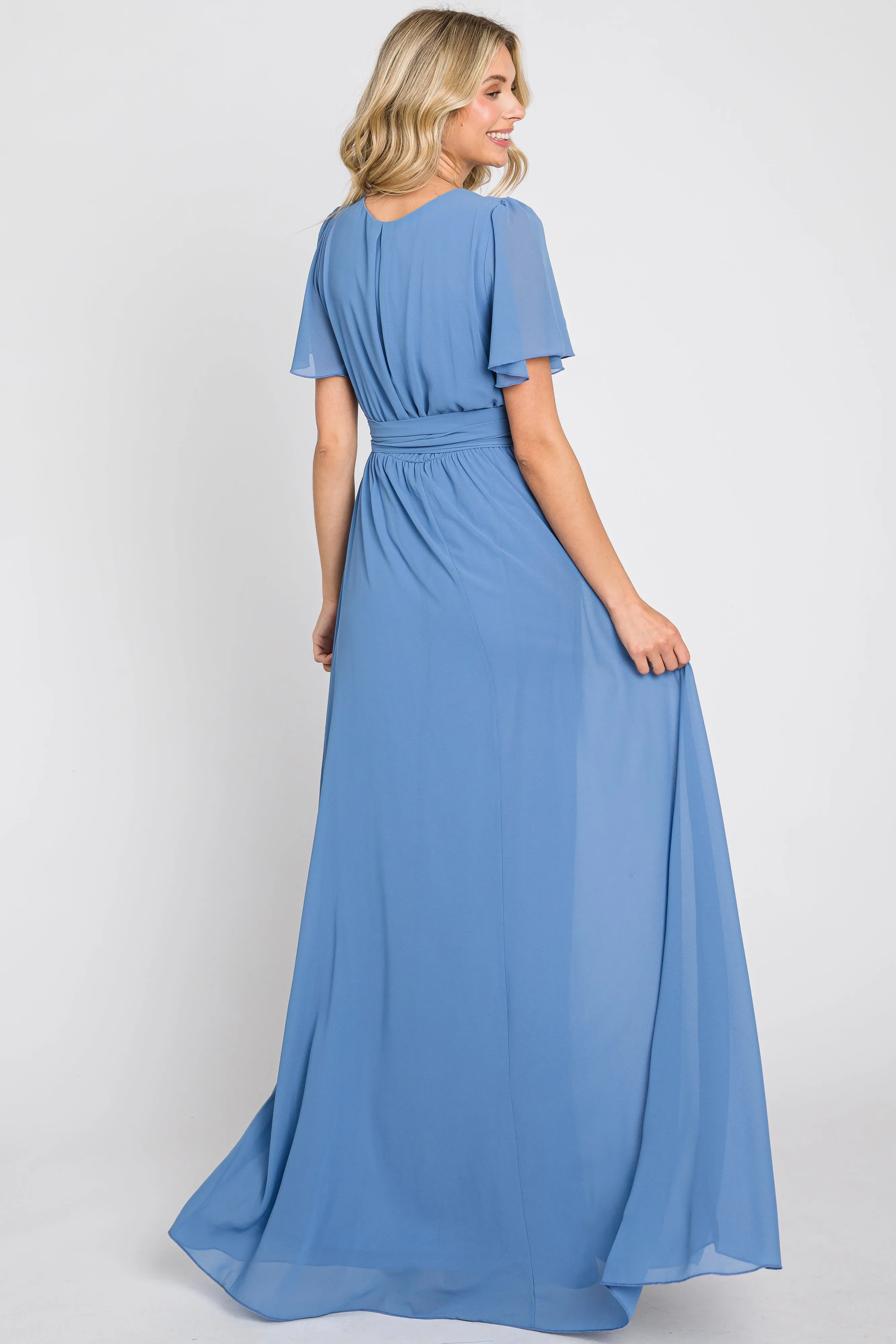 Blue Chiffon Short Sleeve Wrap V-Neck Front Slit Maxi Dress sold by Pinkblush product image thumbnail 3