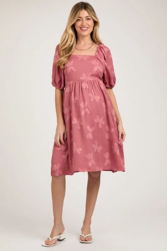 Mauve Textured Floral Square Neck Puff Sleeve Maternity Dress sold by Pinkblush