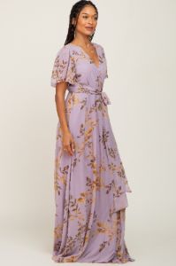 Lavender Floral Chiffon Wrap Front Short Sleeve Maxi Dress sold by Pinkblush