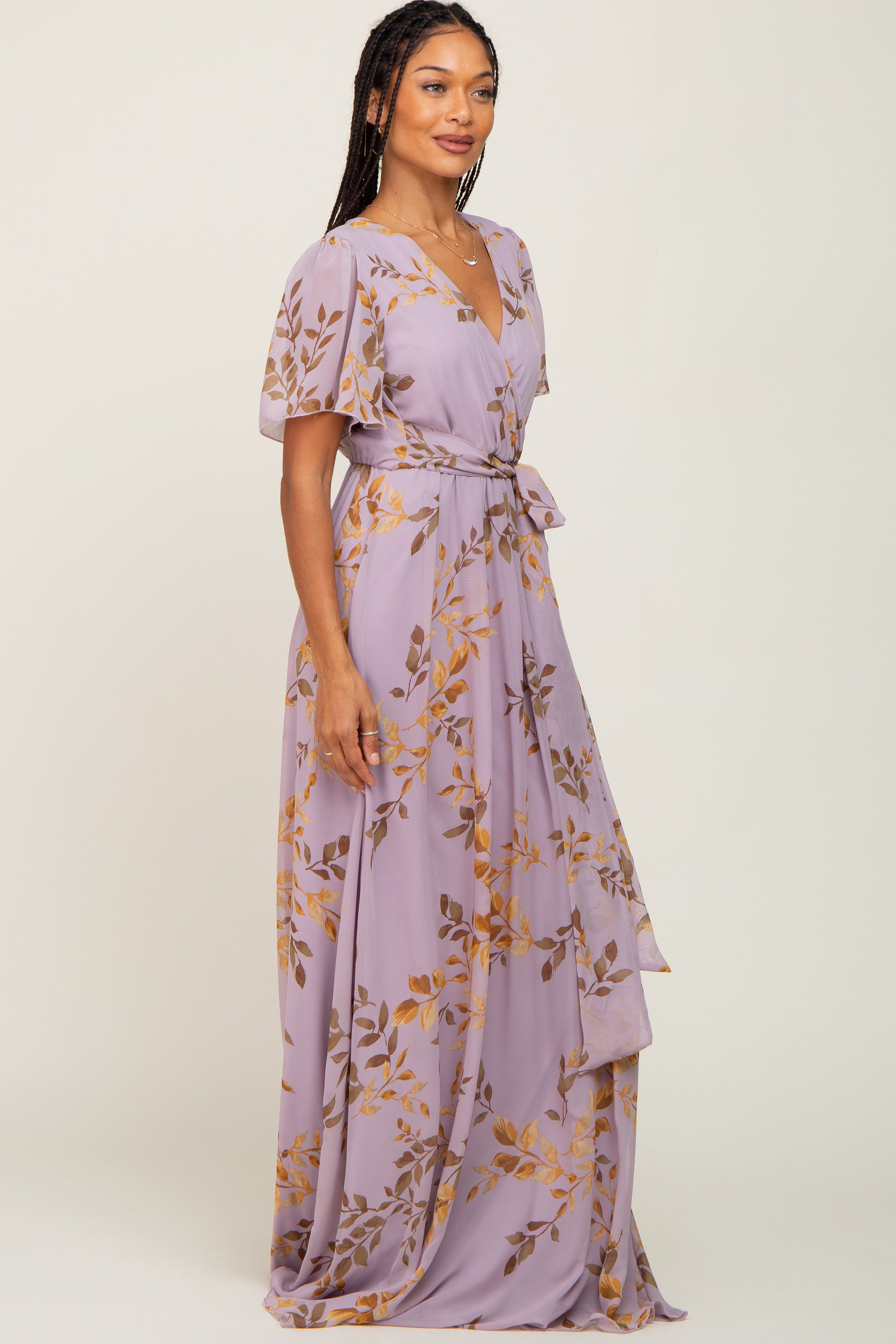 Lavender Floral Chiffon Wrap Front Short Sleeve Maxi Dress sold by Pinkblush product image thumbnail 2