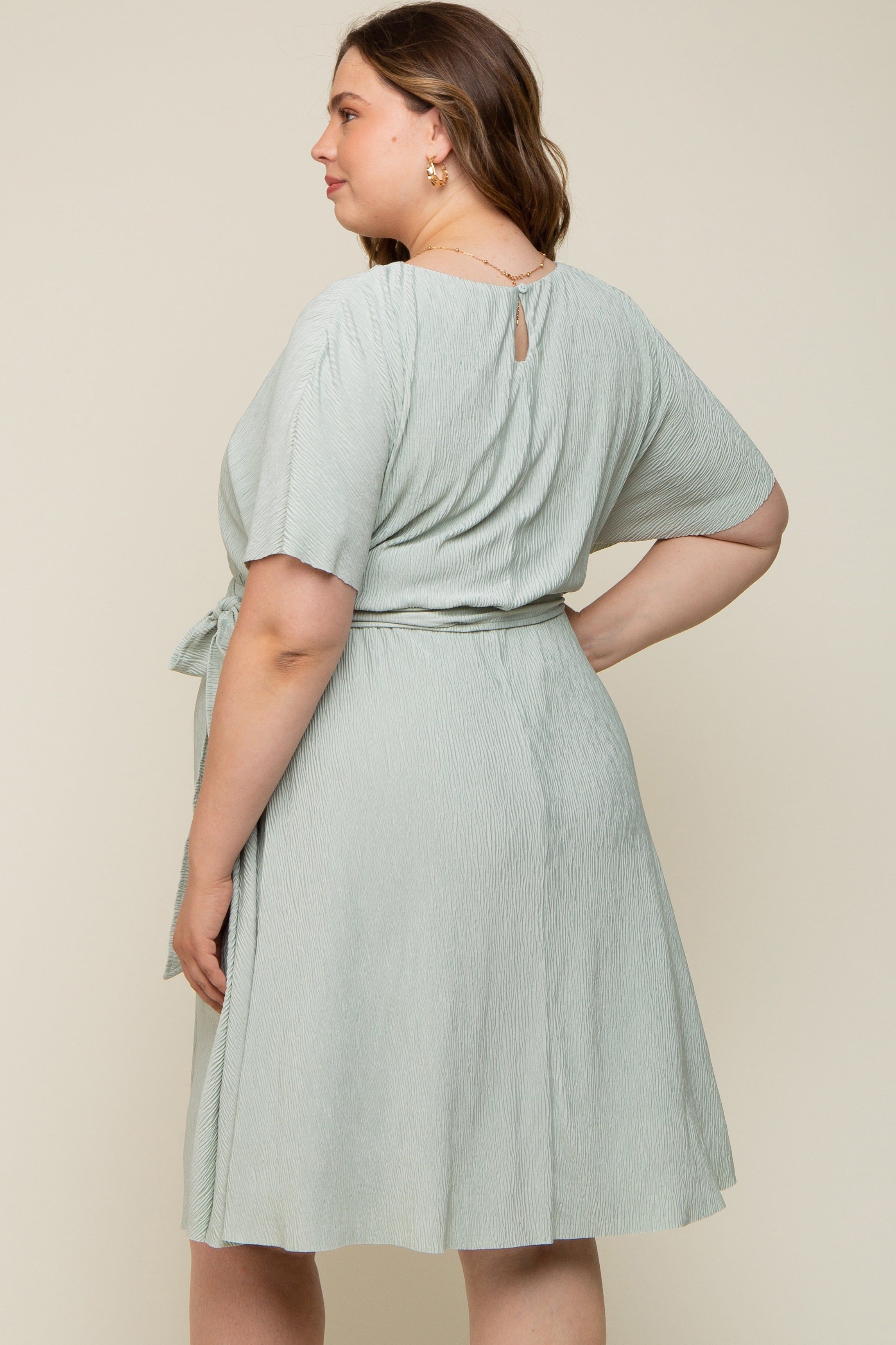 Mint Green Crepe Textured Waist Tie Maternity Plus Dress sold by Pinkblush product image thumbnail 3