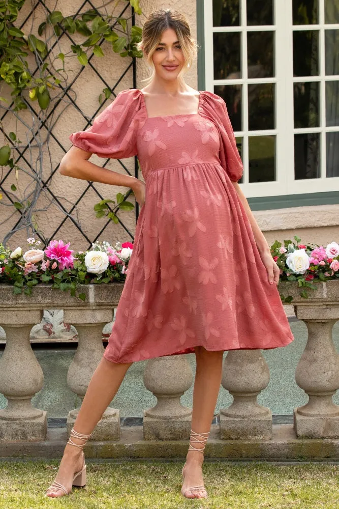 Mauve Textured Floral Square Neck Puff Sleeve Maternity Dress sold by Pinkblush product image thumbnail 5