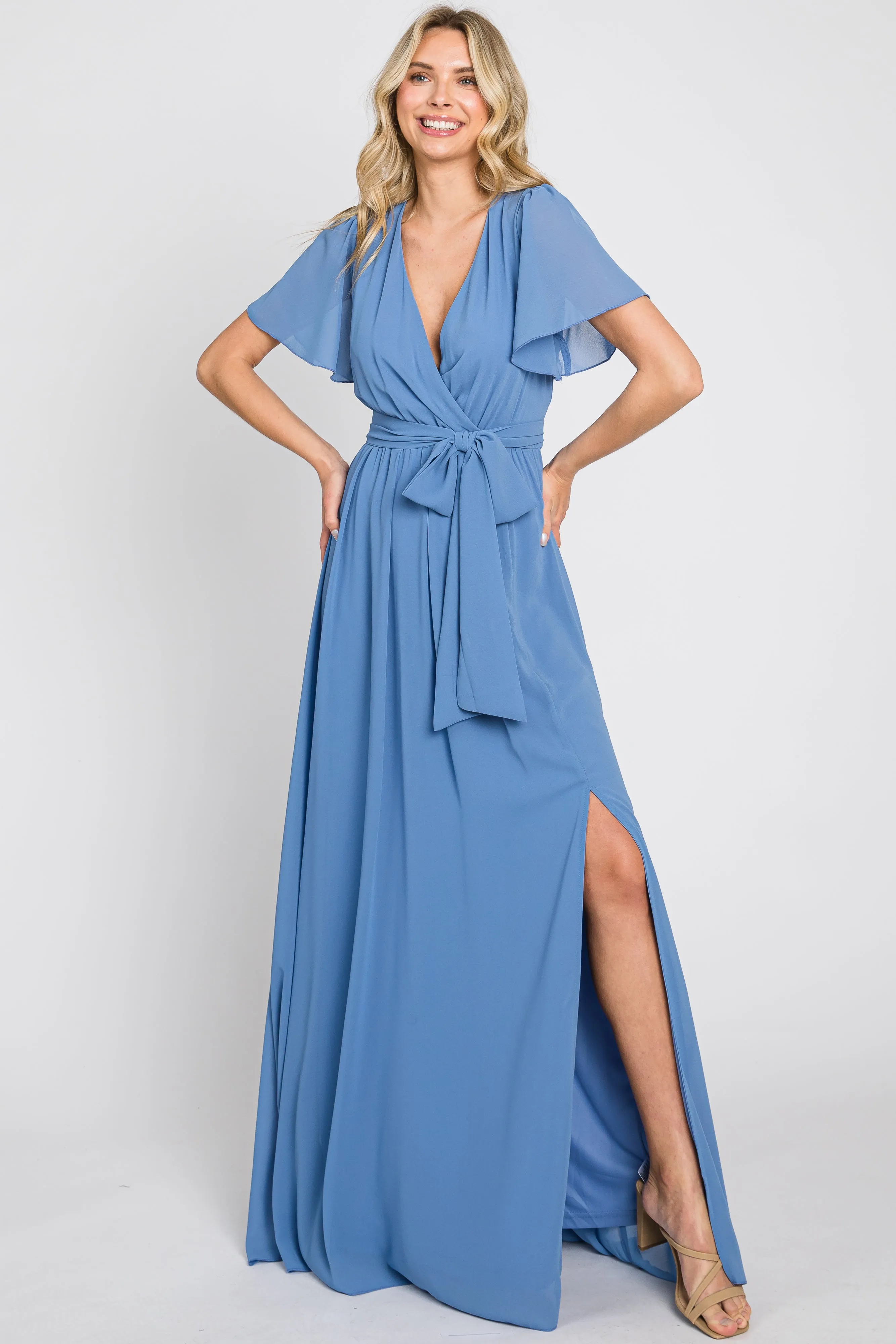 Blue Chiffon Short Sleeve Wrap V-Neck Front Slit Maxi Dress sold by Pinkblush