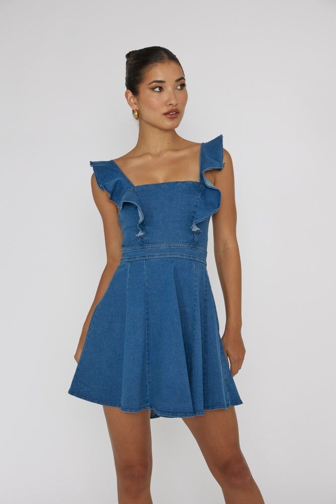 Indigo Square Neck Ruffle Sleeved Denim Mini Dress sold by Pinkblush