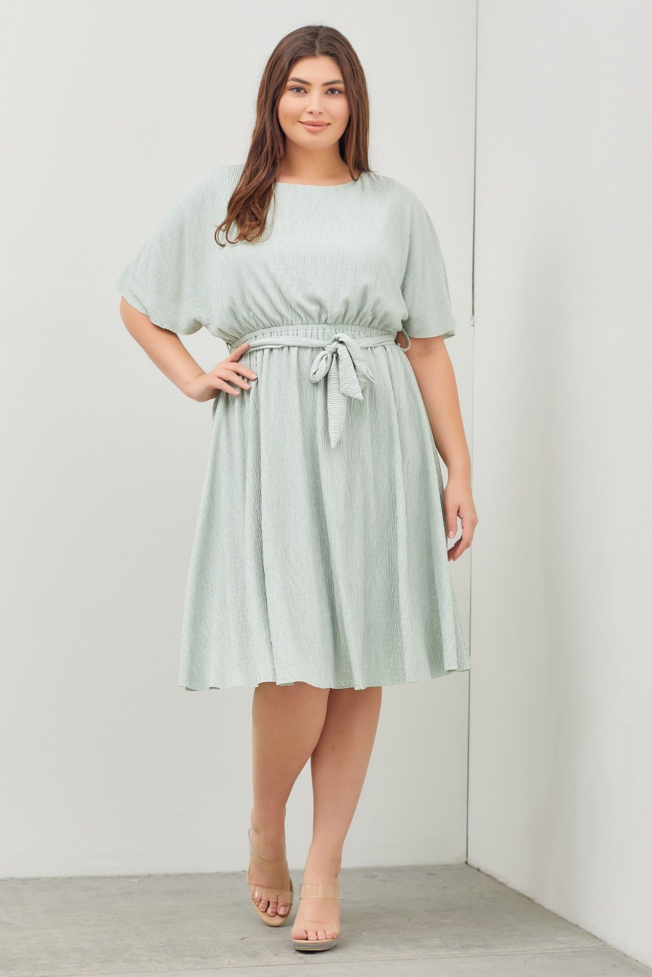 Mint Green Crepe Textured Waist Tie Maternity Plus Dress sold by Pinkblush product image thumbnail 6