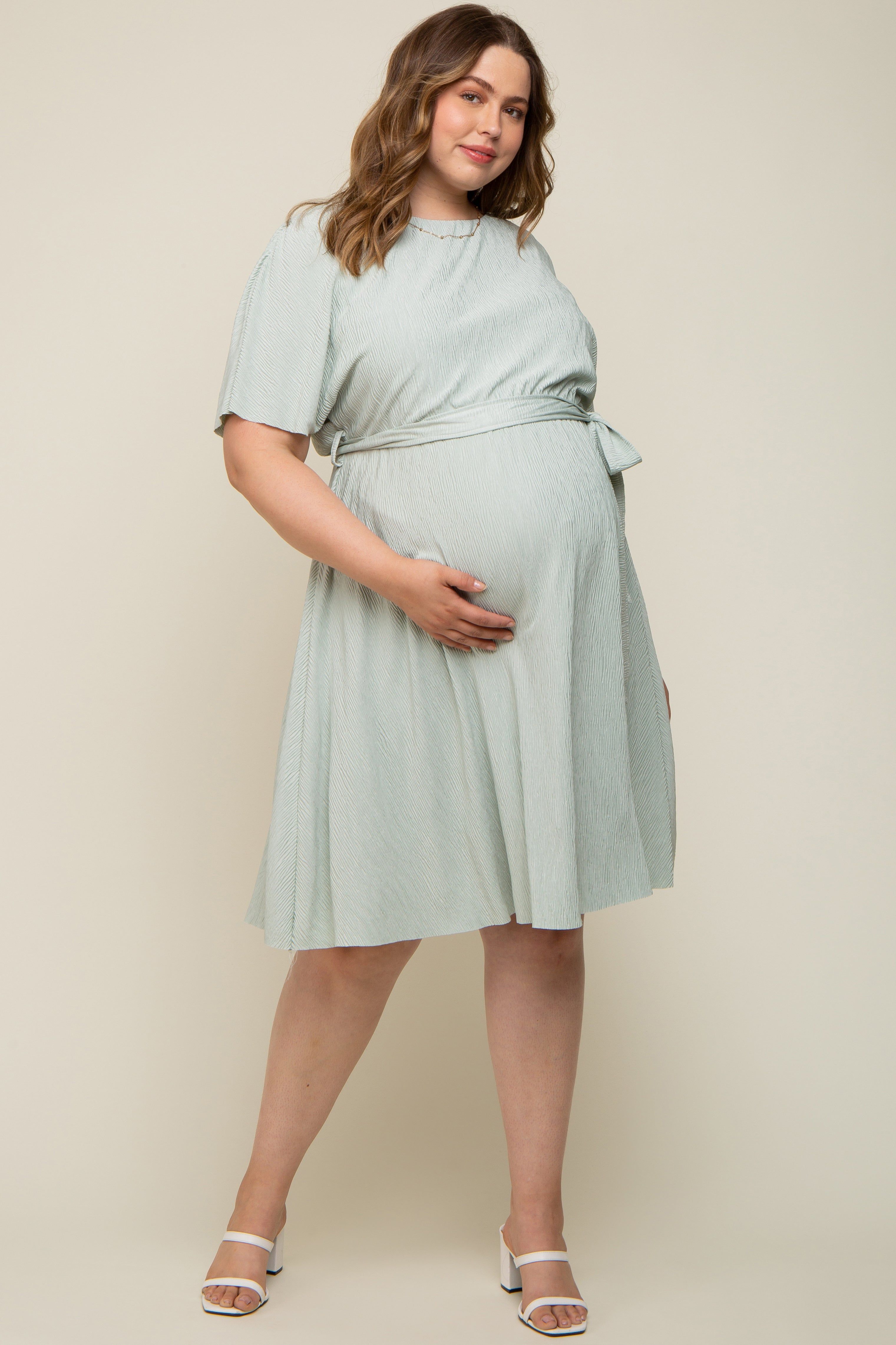 Mint Green Crepe Textured Waist Tie Maternity Plus Dress sold by Pinkblush product image thumbnail 4