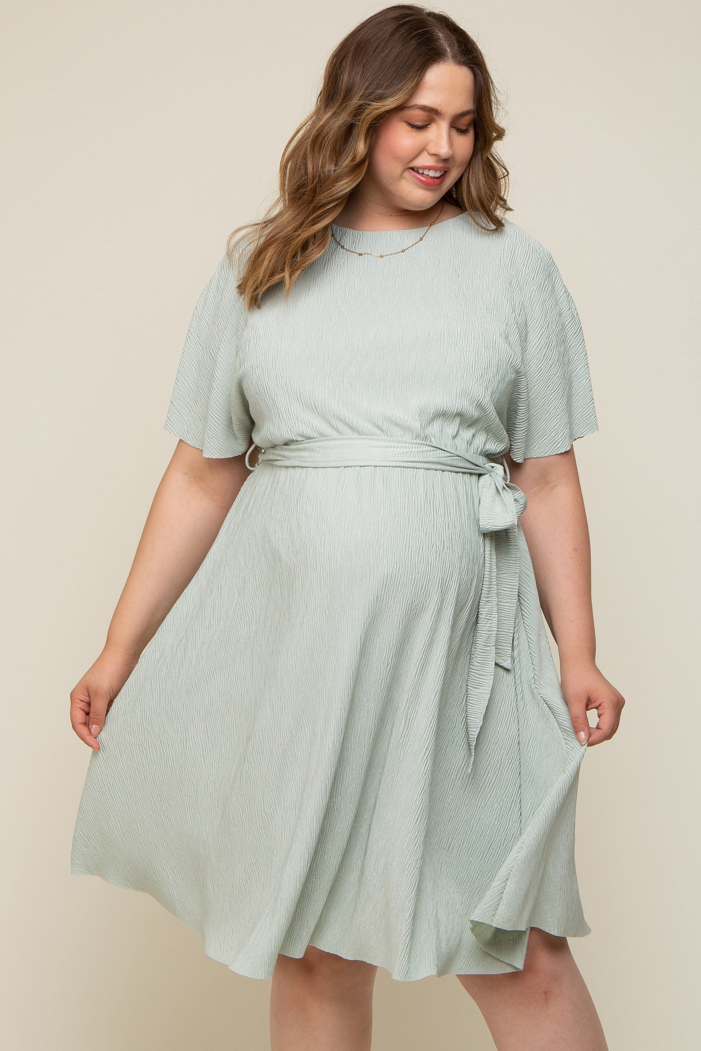 Mint Green Crepe Textured Waist Tie Maternity Plus Dress sold by Pinkblush