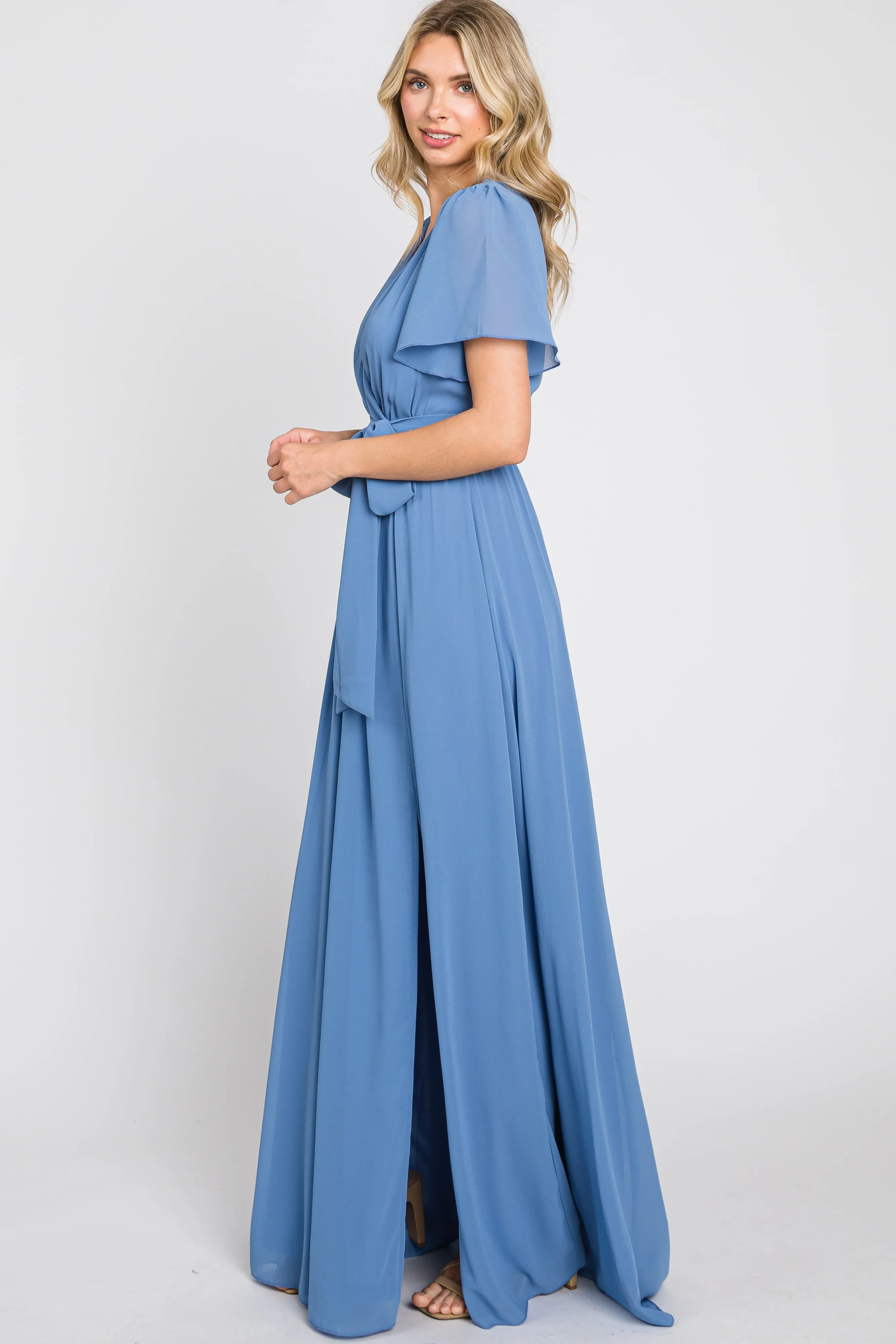 Blue Chiffon Short Sleeve Wrap V-Neck Front Slit Maxi Dress sold by Pinkblush product image thumbnail 2