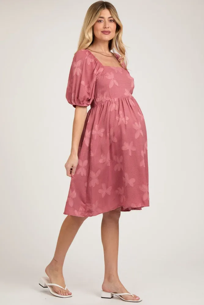 Mauve Textured Floral Square Neck Puff Sleeve Maternity Dress sold by Pinkblush product image thumbnail 3