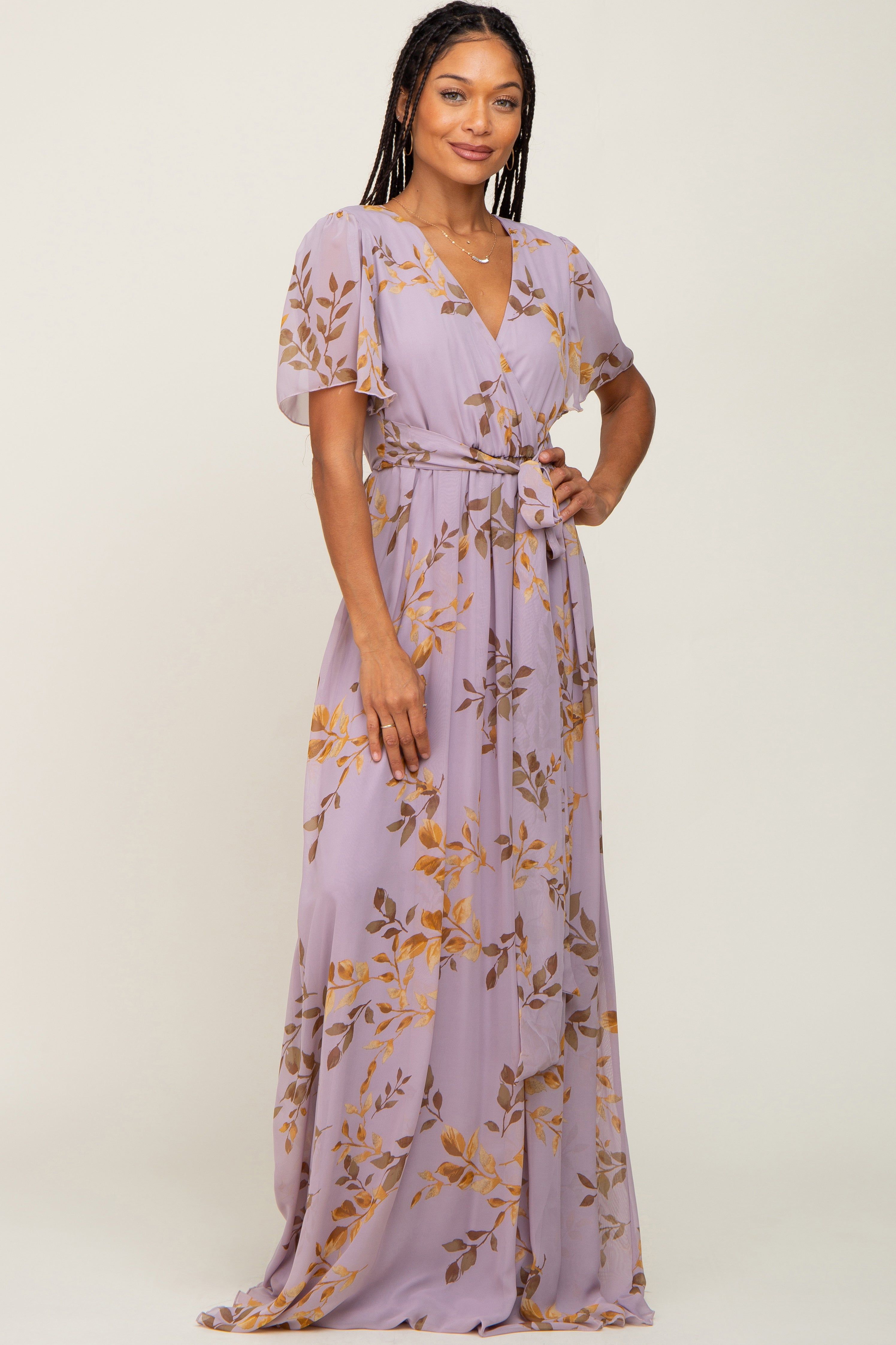 Lavender Floral Chiffon Wrap Front Short Sleeve Maxi Dress sold by Pinkblush