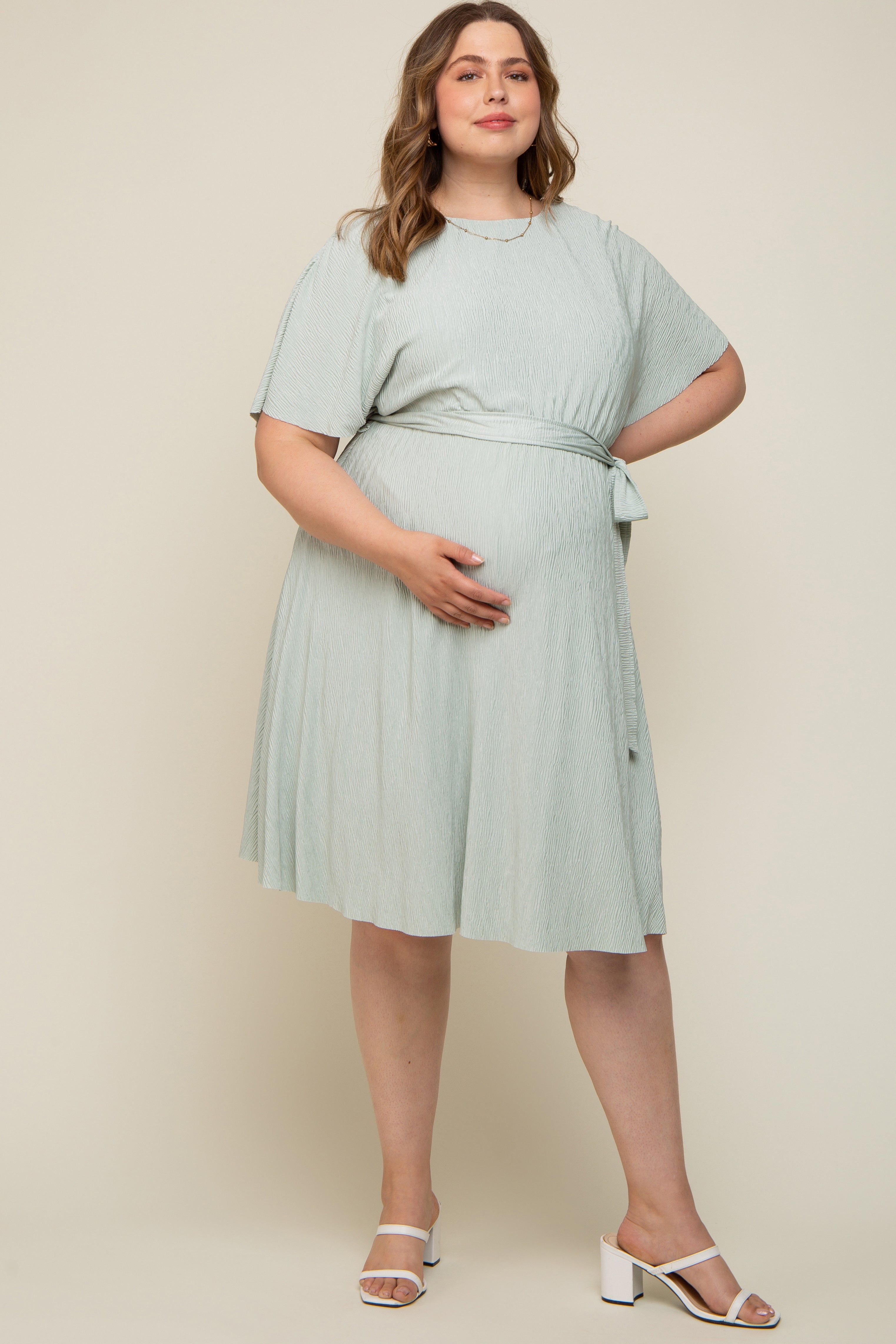 Mint Green Crepe Textured Waist Tie Maternity Plus Dress sold by Pinkblush product image thumbnail 5