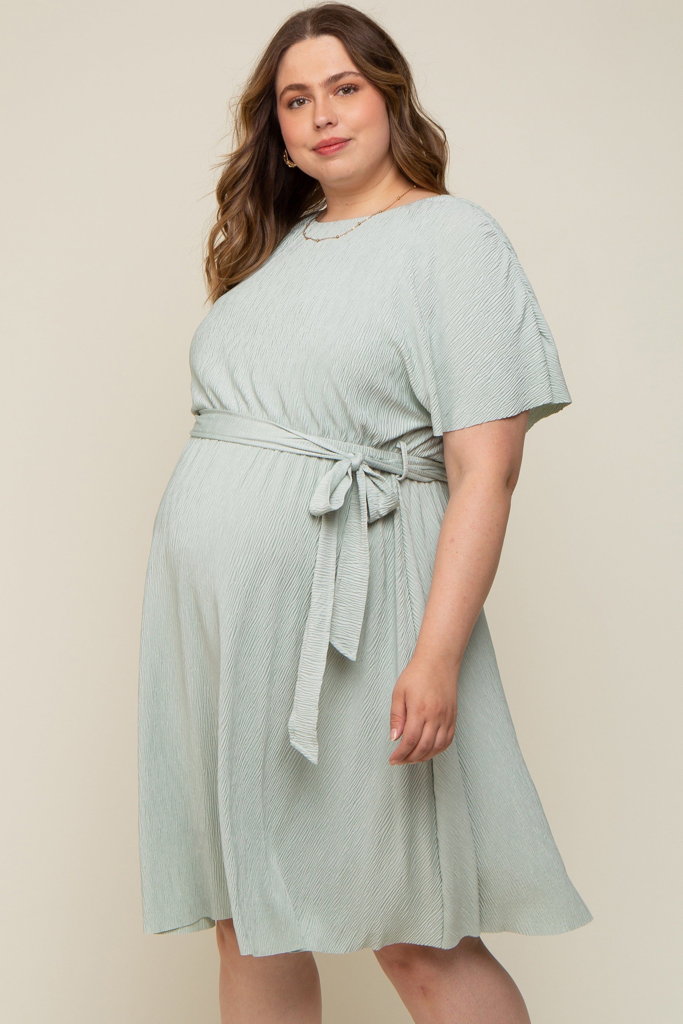 Mint Green Crepe Textured Waist Tie Maternity Plus Dress sold by Pinkblush product image thumbnail 2