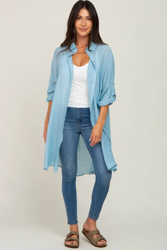 Light Blue Button Front Side Slit Oversized Blouse sold by Pinkblush