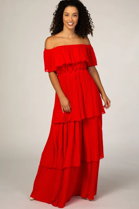 Red Pleated Ruffle Tiered Maxi Dress sold by Pinkblush