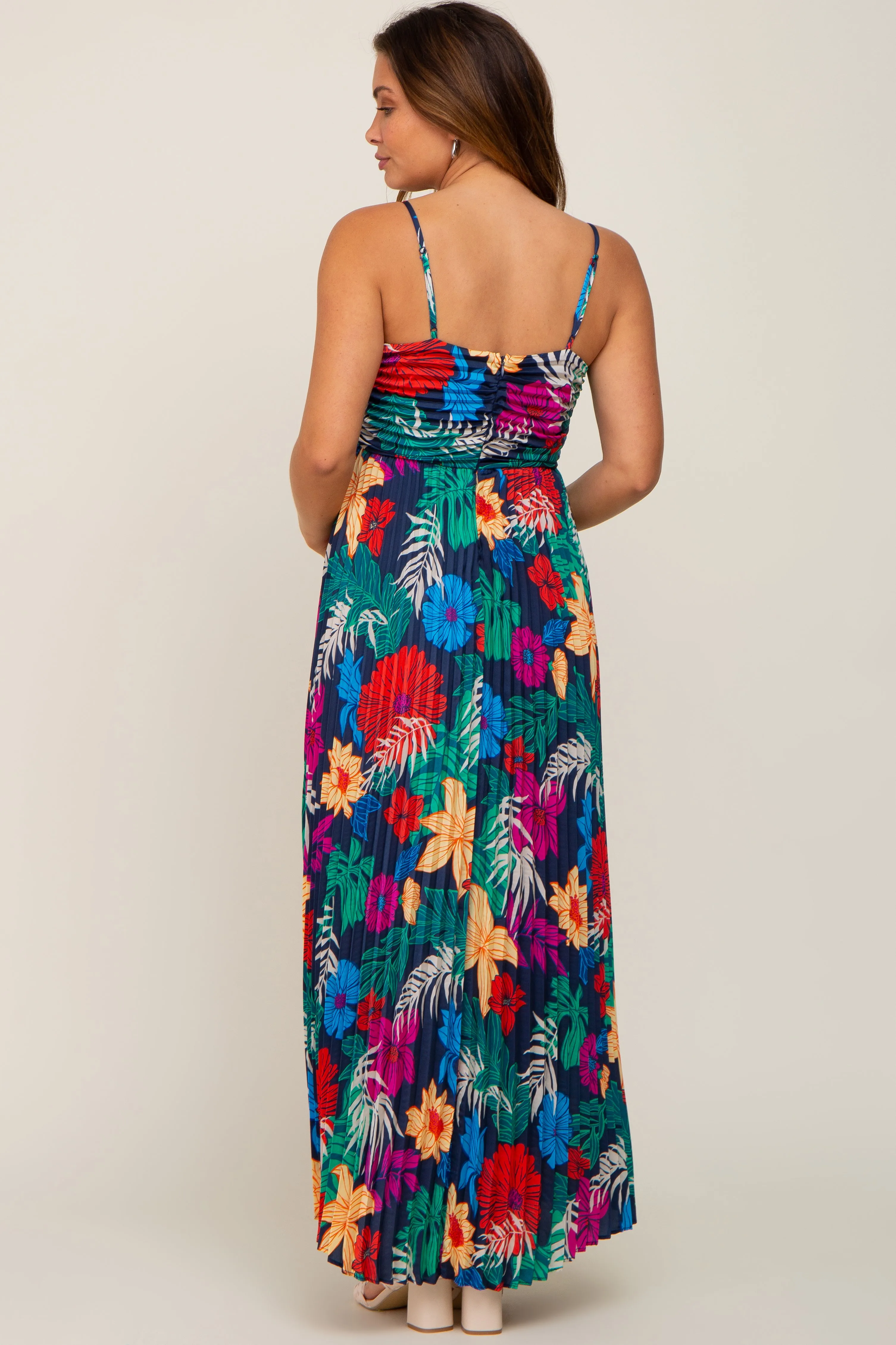 Black Tropical Floral Satin Pleated Maternity Maxi Dress sold by Pinkblush product image thumbnail 4