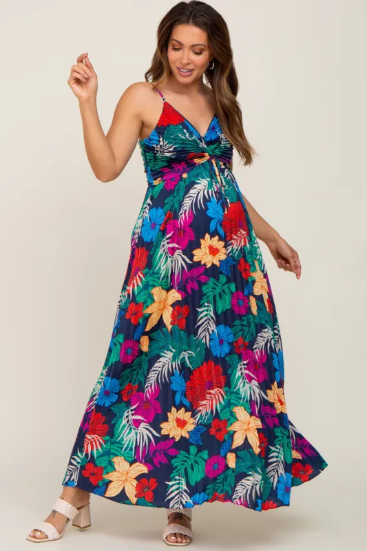 Black Tropical Floral Satin Pleated Maternity Maxi Dress sold by Pinkblush