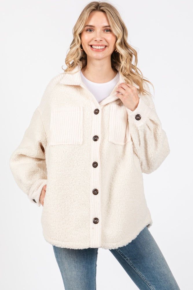 Beige Colorblock Fleece Maternity Shirt Jacket sold by Pinkblush product image thumbnail 5