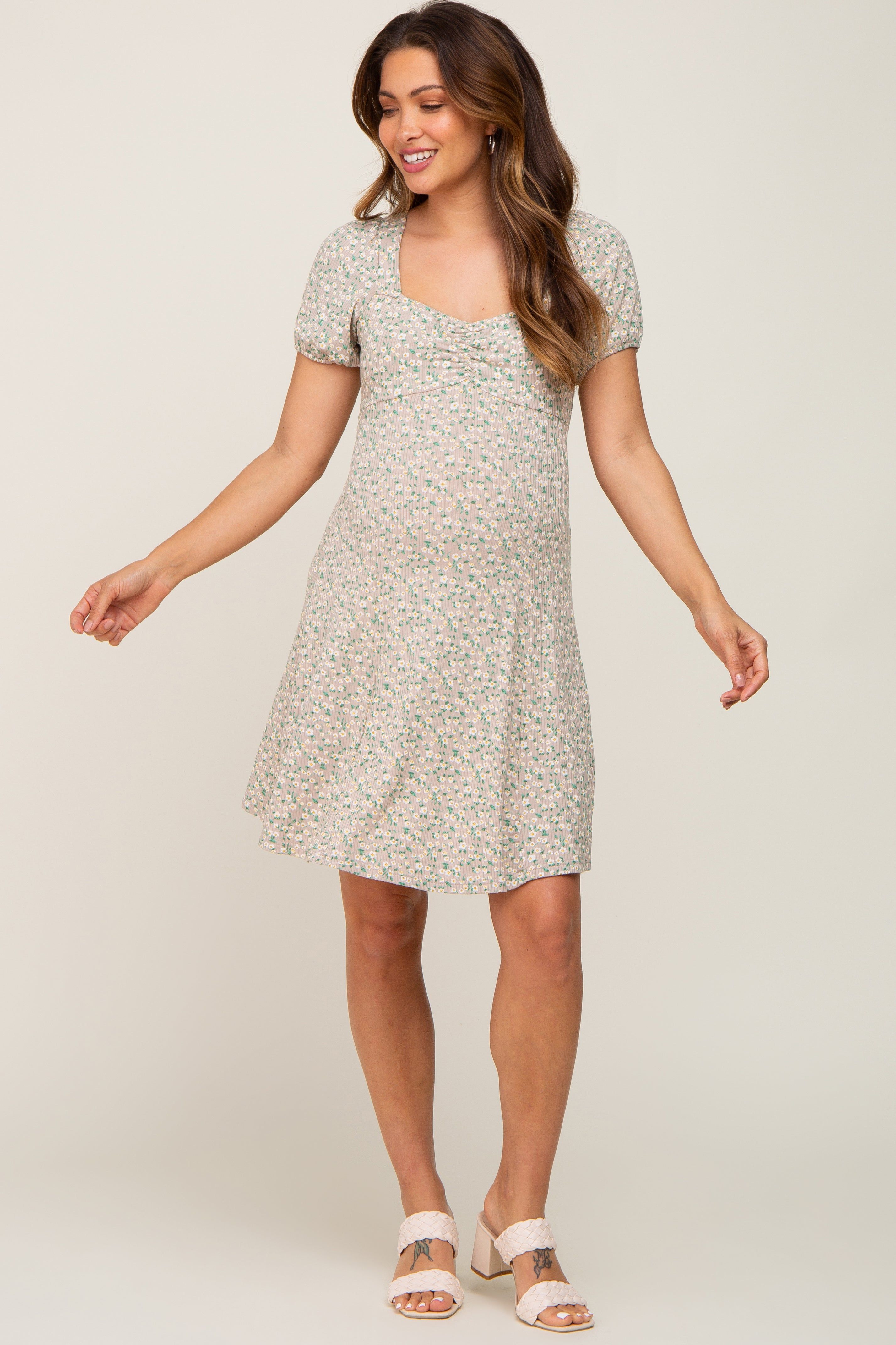 Beige Floral Criss Cross Back A-Line Maternity Dress sold by Pinkblush