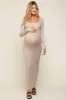 Taupe Ribbed Long Sleeve Square Neck Maternity Maxi Dress sold by Pinkblush