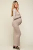Taupe Ribbed Long Sleeve Square Neck Maternity Maxi Dress sold by Pinkblush