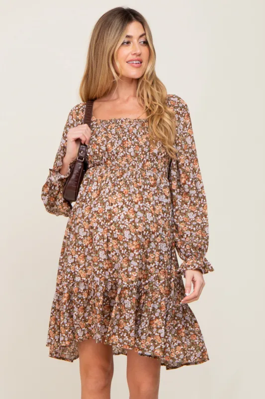 Mocha Floral Smocked Square Neck Maternity Dress sold by Pinkblush