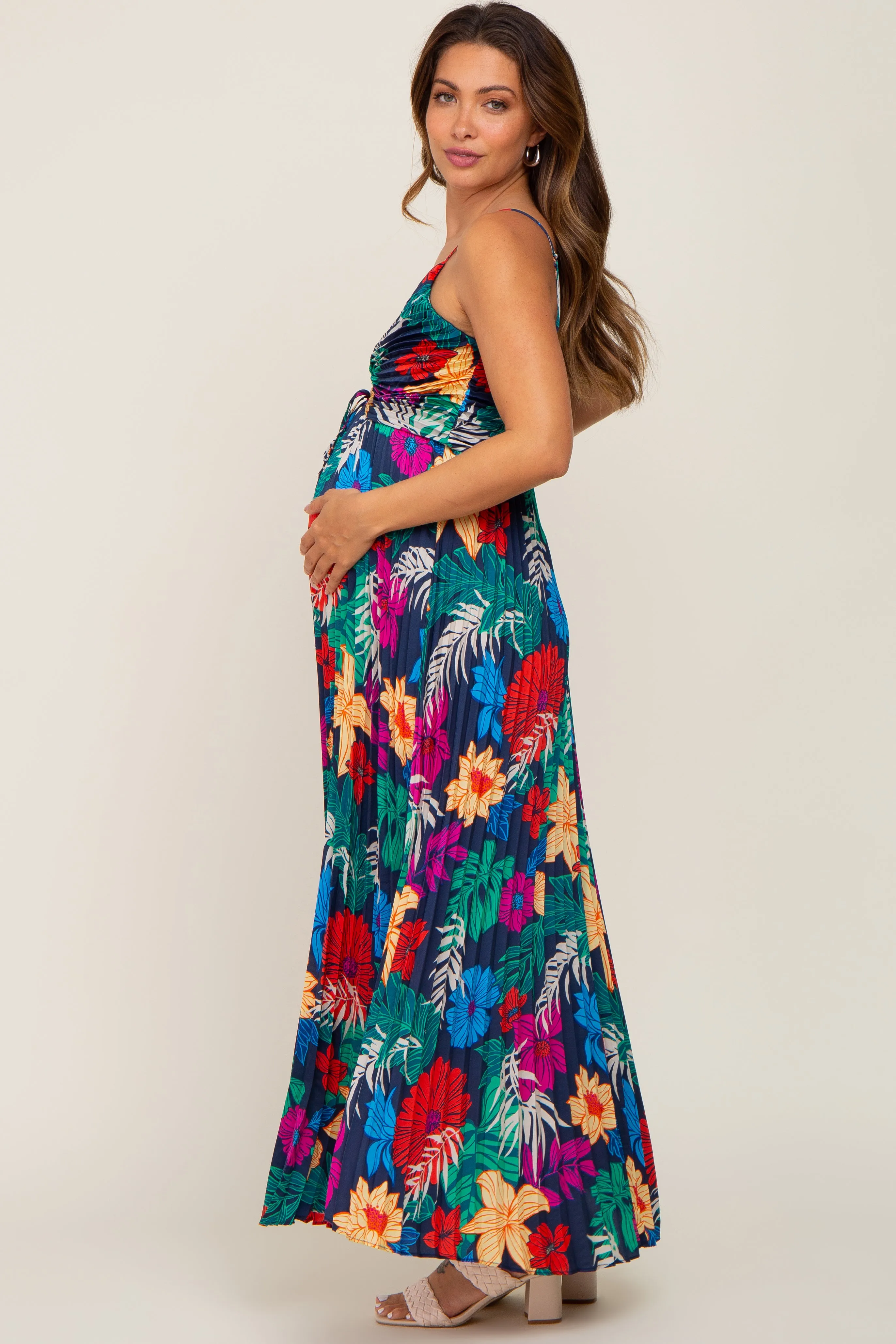 Black Tropical Floral Satin Pleated Maternity Maxi Dress sold by Pinkblush product image thumbnail 3