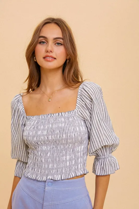 Blue Stripe Smocked Volume Sleeve Top sold by Pinkblush