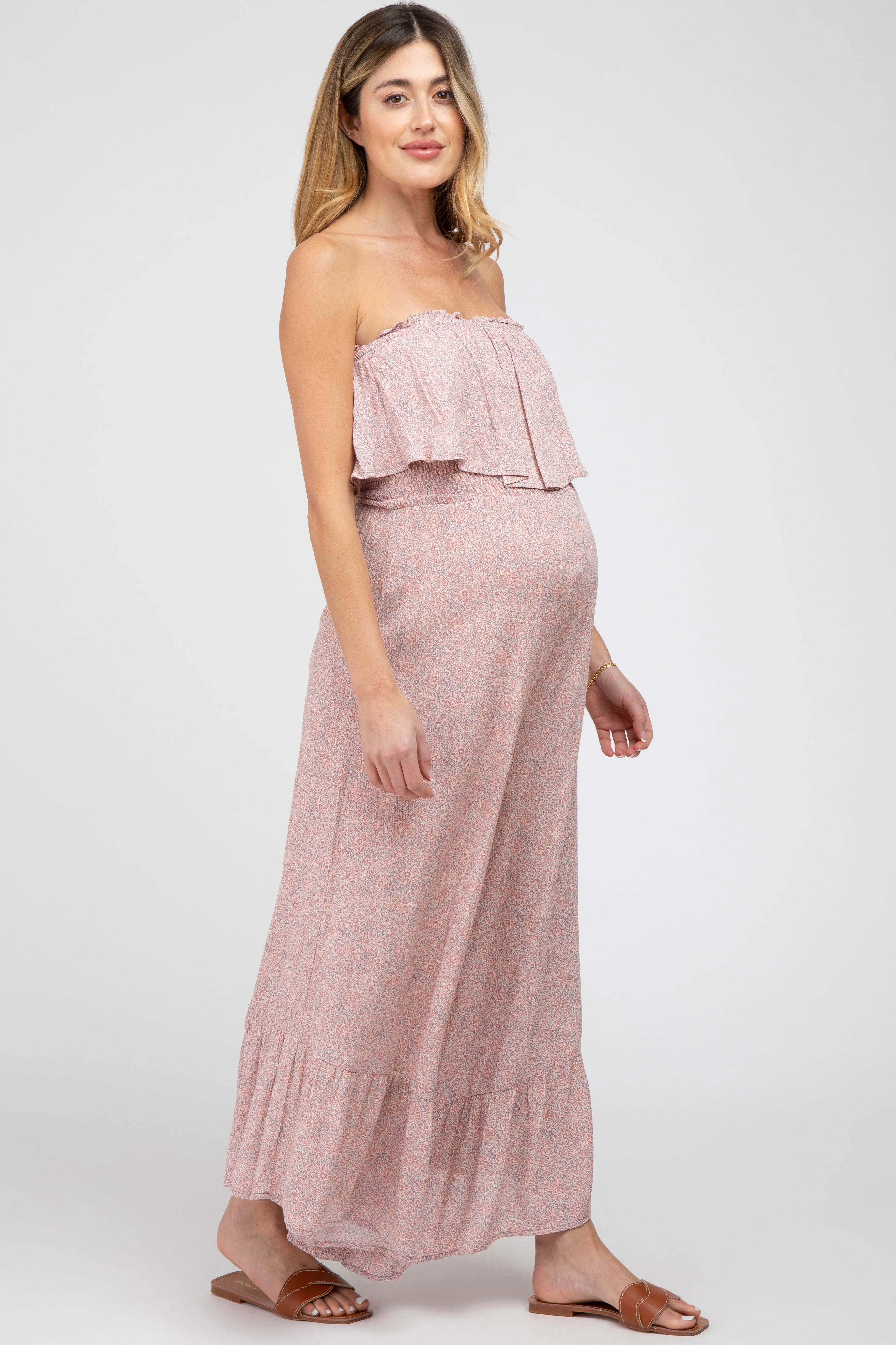 Mauve Floral Strapless Ruffle Hem Maternity Jumpsuit sold by Pinkblush product image thumbnail 2