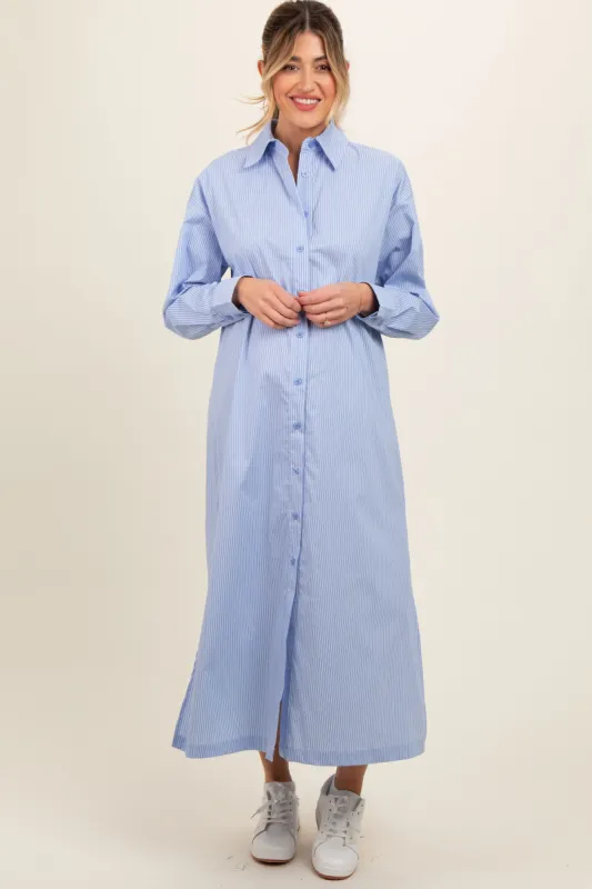 Blue Pinstriped Button Front Side Slit Maternity Midi Shirt Dress sold by Pinkblush
