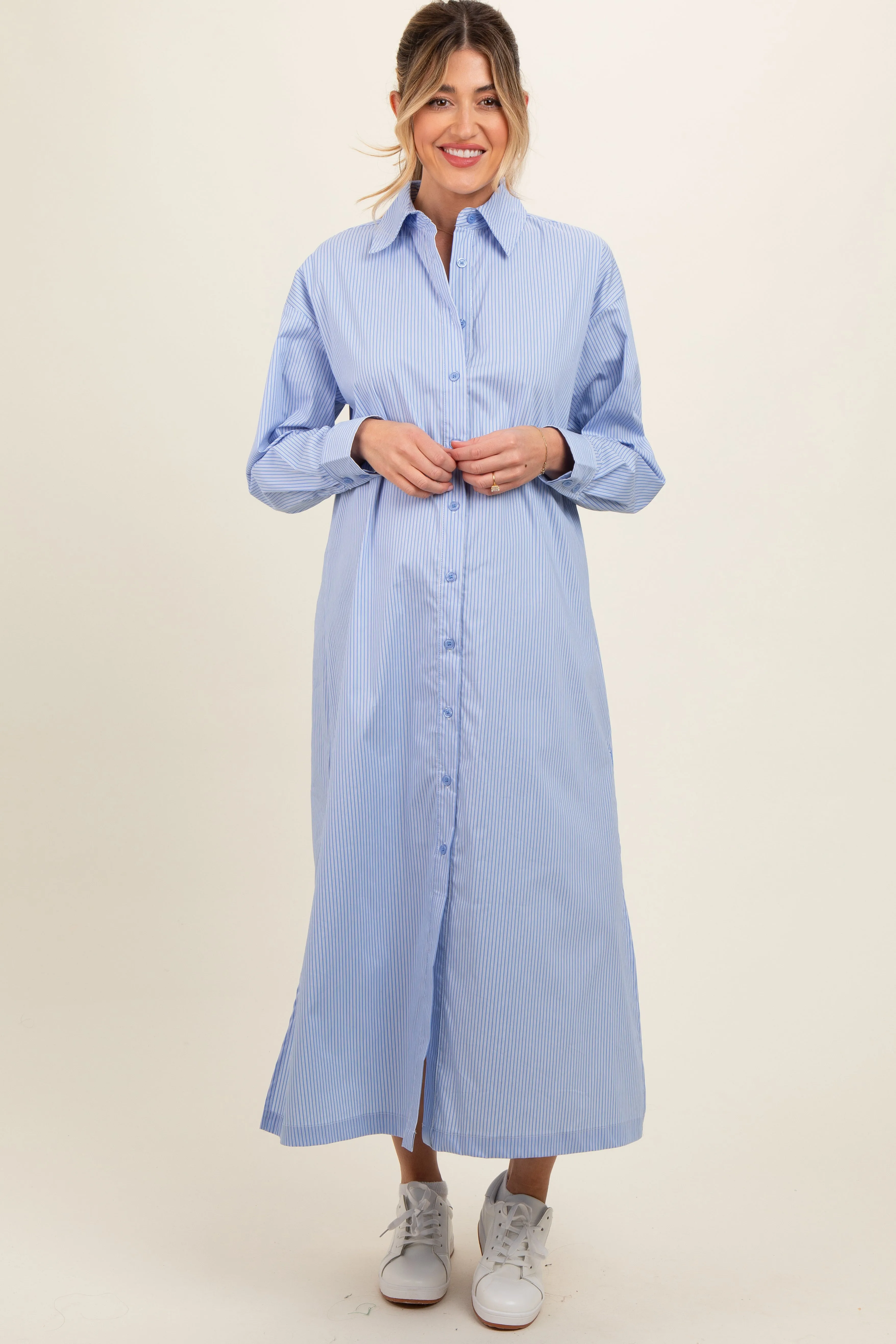 Blue Pinstriped Button Front Side Slit Maternity Midi Shirt Dress sold by Pinkblush