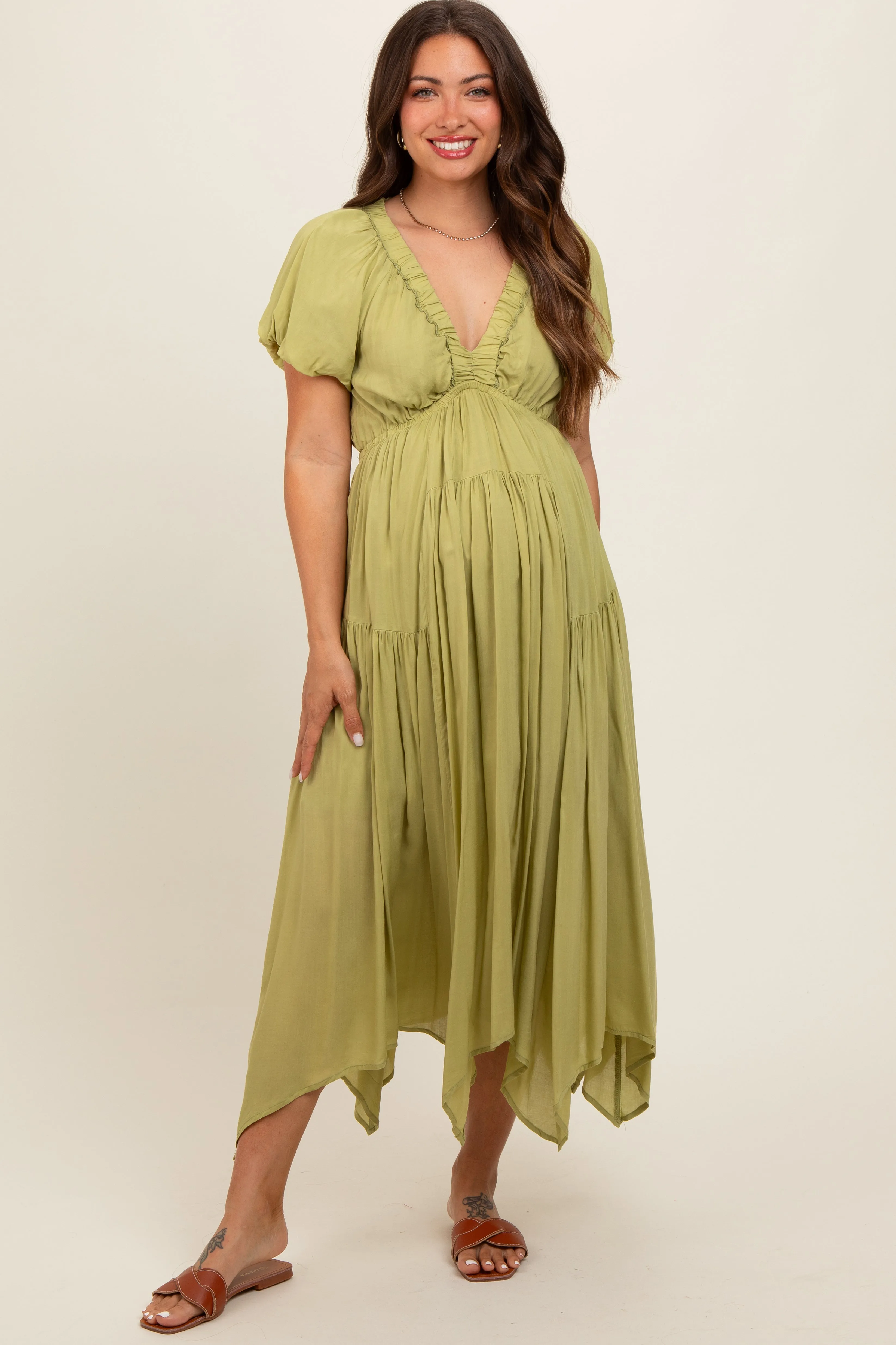 Light Olive Deep V-Neck Puff Short Sleeve Asymmetrical Hem Maternity Midi Dress sold by Pinkblush